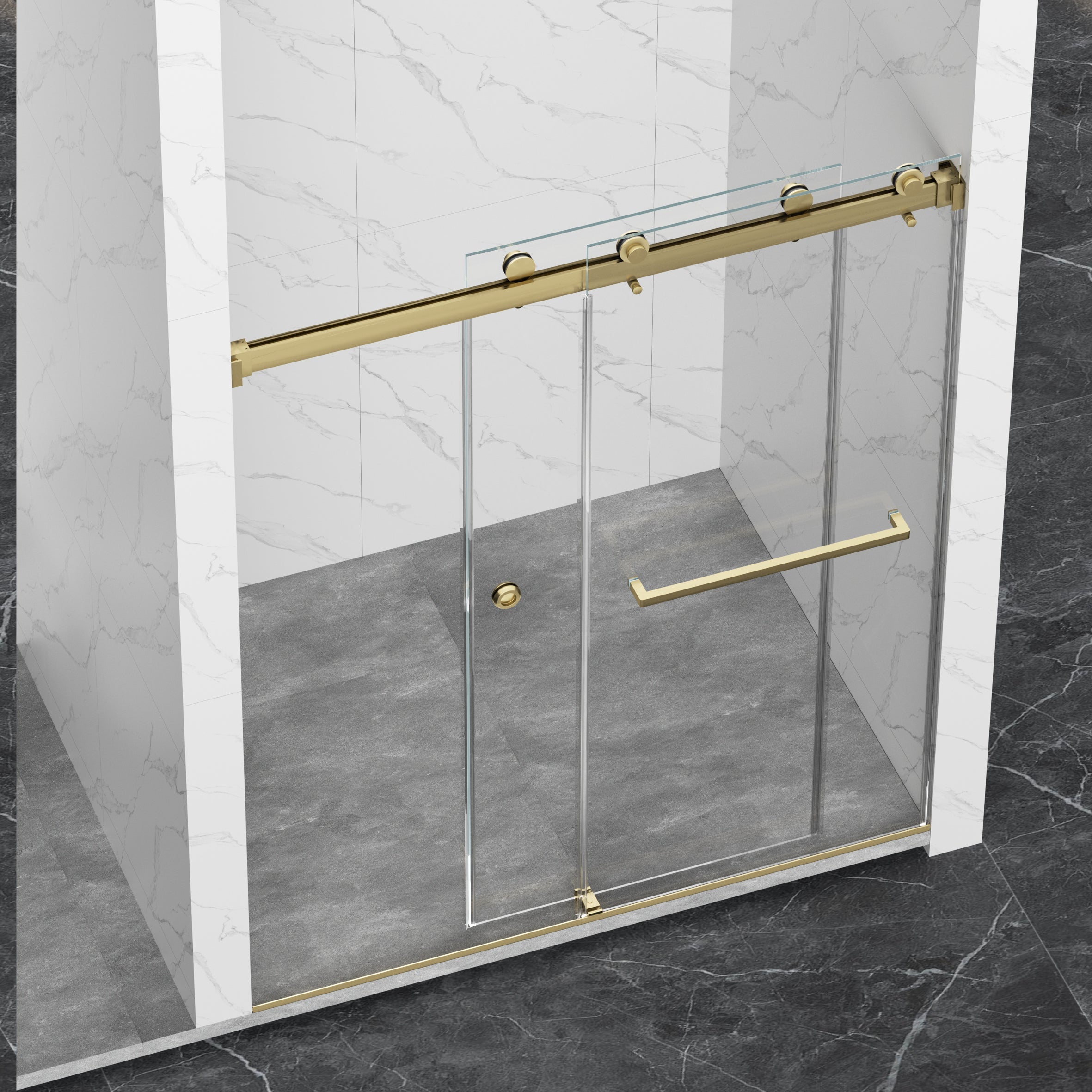 Frameless Double Sliding Shower Door 55"-59"W x 72"H, 8mm Thick SGCC Clear Premium Tempered Glass, Brushed Gold - Luciddepot