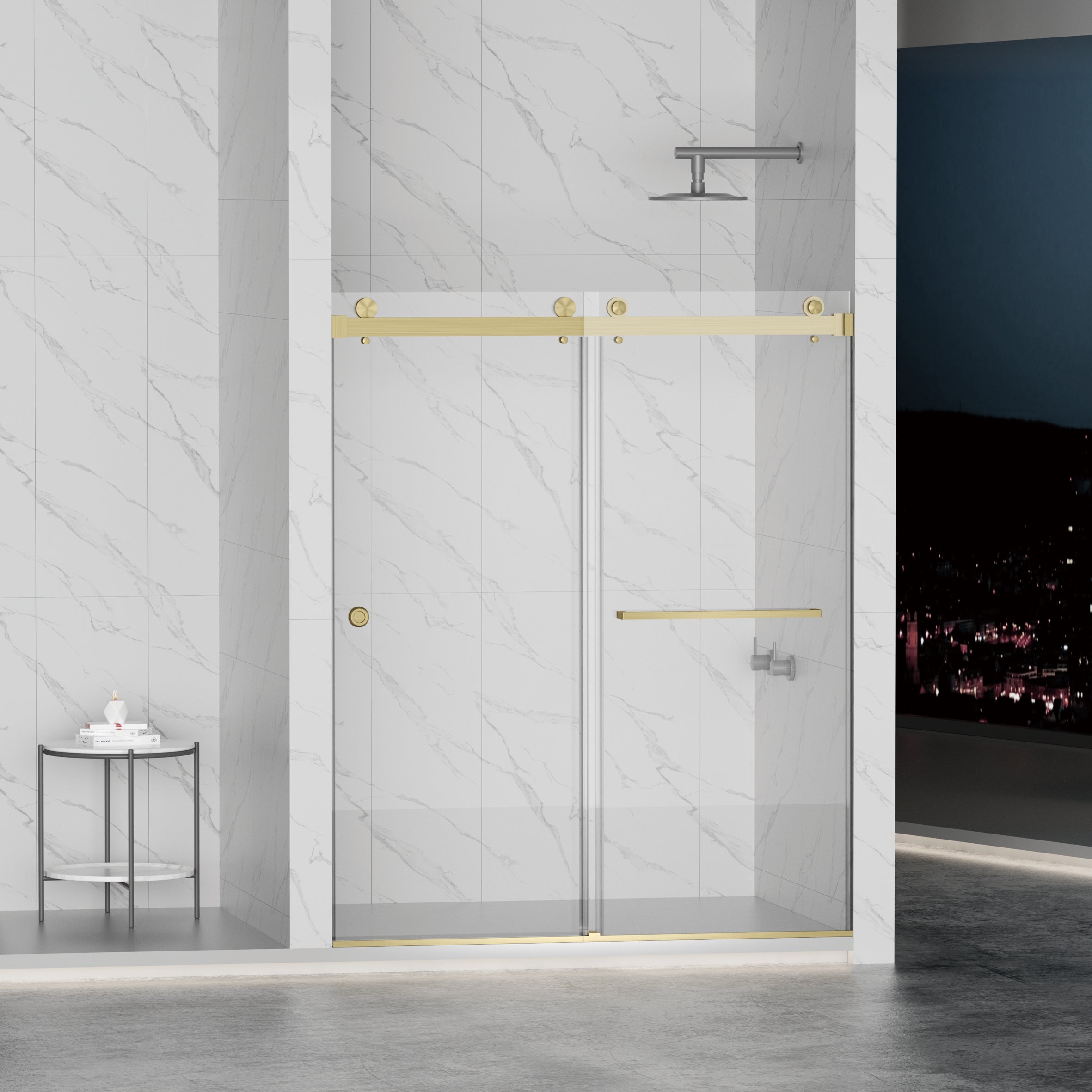 Frameless Double Sliding Shower Door 55"-59"W x 72"H, 8mm Thick SGCC Clear Premium Tempered Glass, Brushed Gold - Luciddepot