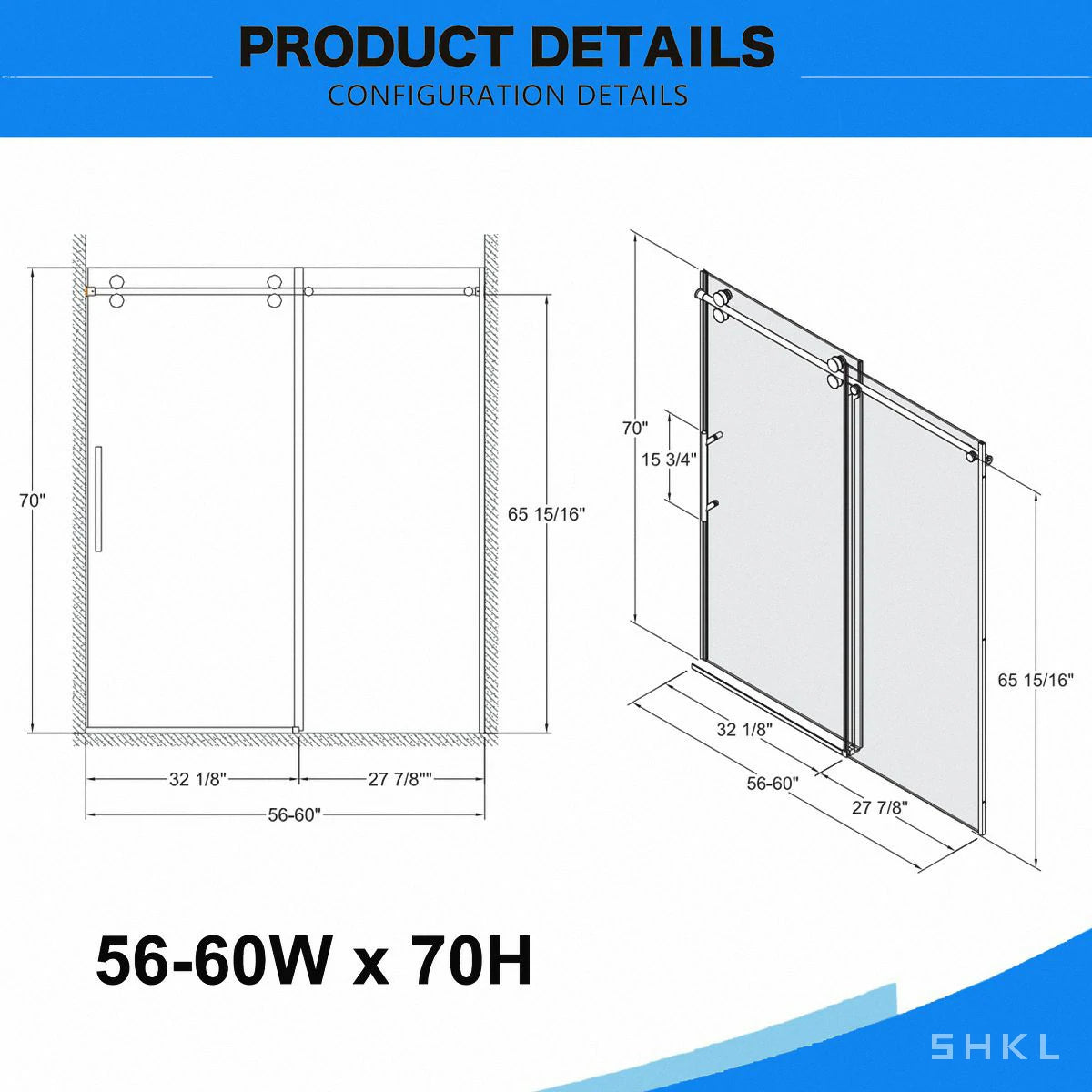 56"-60"W x 70"H Frameless Sliding Shower Door, with Premium 5/16"(8mm) Thick Tempered Glass, Chrome Finished - Luciddepo