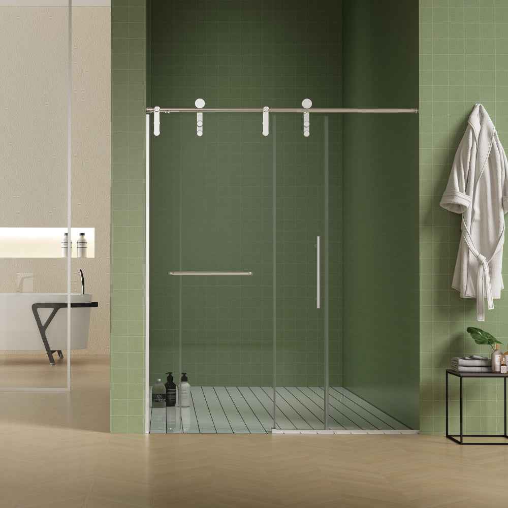 Frameless Double Sliding Shower Door 56"-60"W x 70"H, 8mm SGCC Clear Tempered Glass, Brushed Nickel Finished With Buffer - Luciddepot