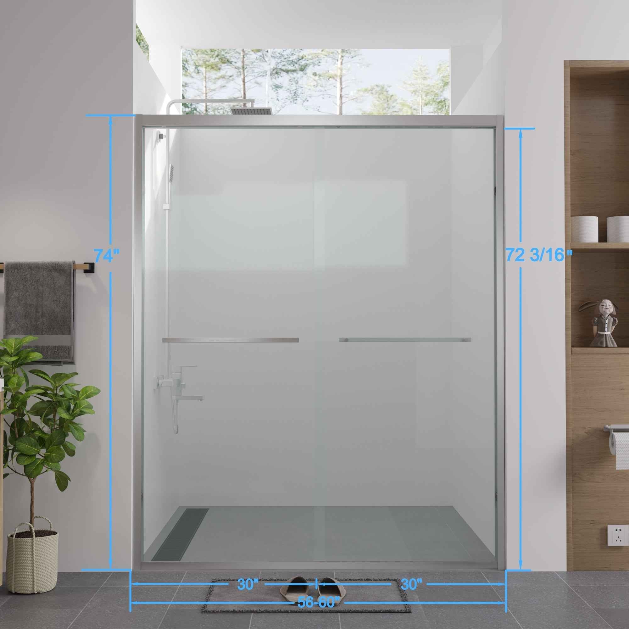 Aluminum Frame Double Sliding Shower Door 56"-60"W x 74"H, 6mm Thick SGCC Clear Tempered Glass, Chrome Finished - Luciddepot