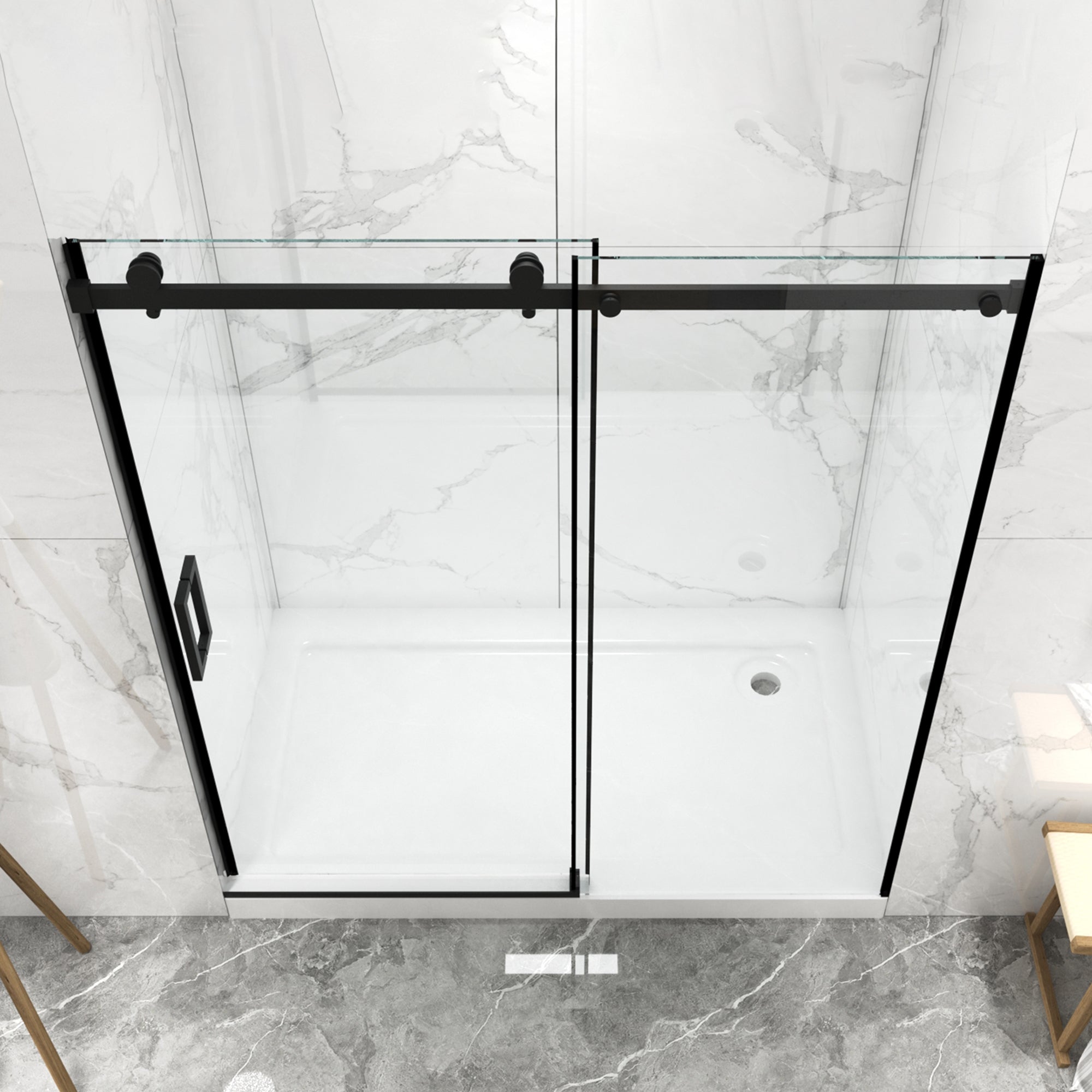 Frameless Double Sliding Shower Door 56"-60"W x 70"H, 8mm Thick SGCC Clear Tempered Glass, Matte Black Finished With Buffer - Luciddepot