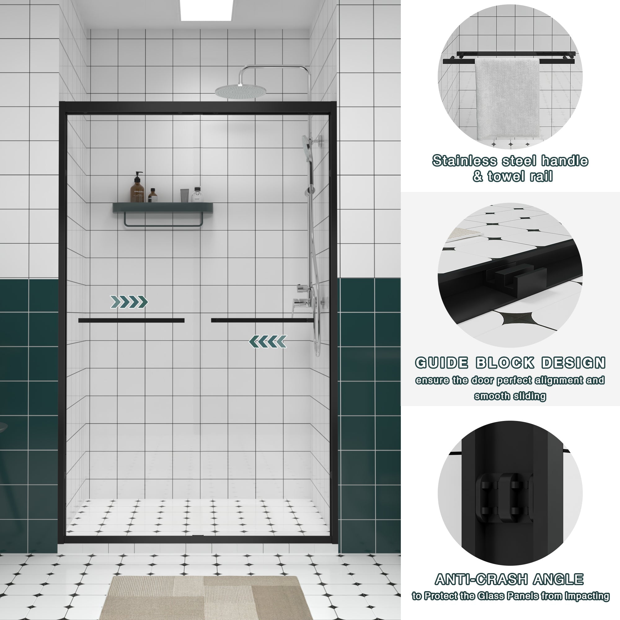 Aluminum Frame Double Sliding Shower Door 44"-48"W x76"H, 6mm Thick SGCC Clear Tempered Glass, Matte Black Finished - Luciddepot