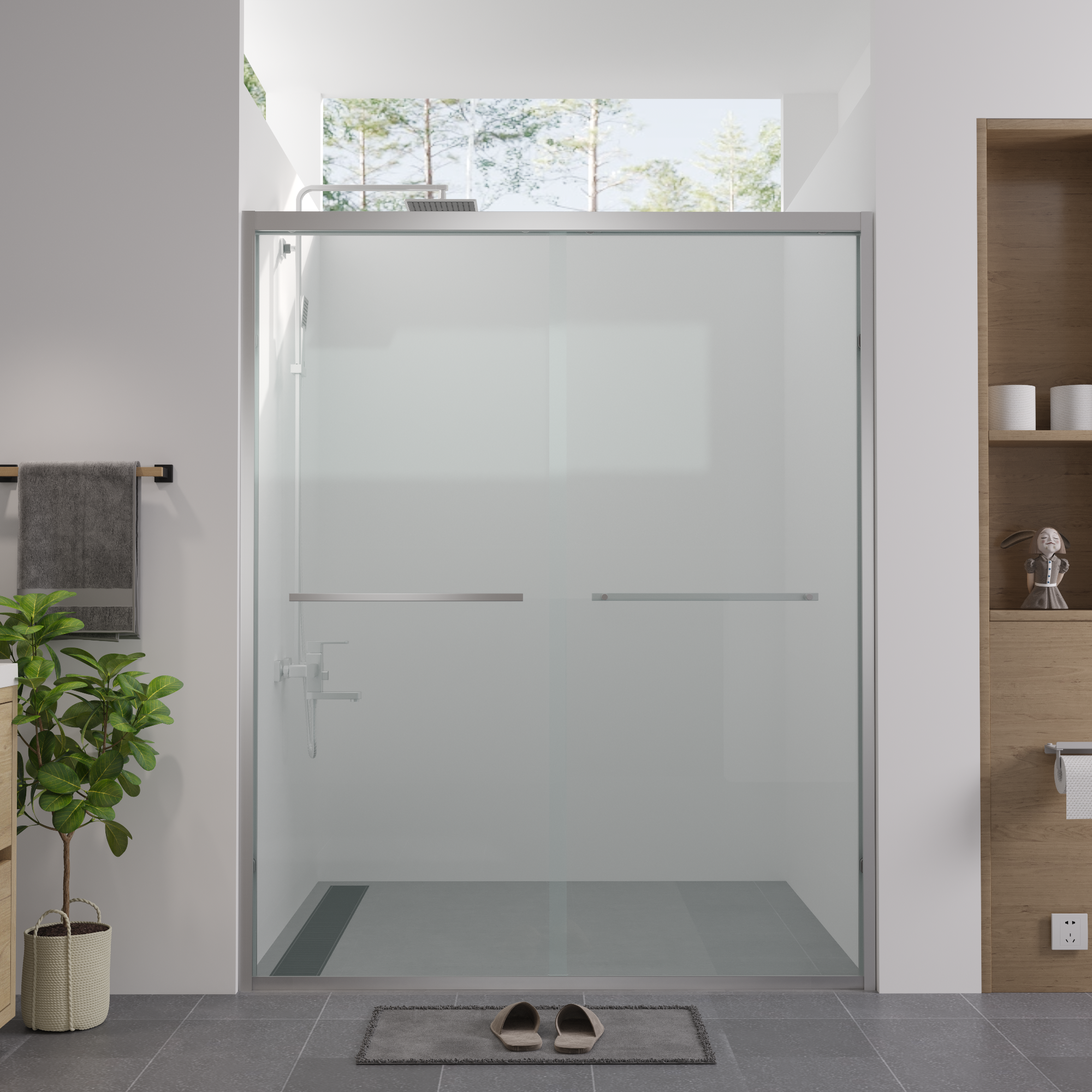 Aluminum Frame Double Sliding Shower Door 56"-60"W x 74"H, 6mm Thick SGCC Clear Tempered Glass, Chrome Finished - Luciddepot