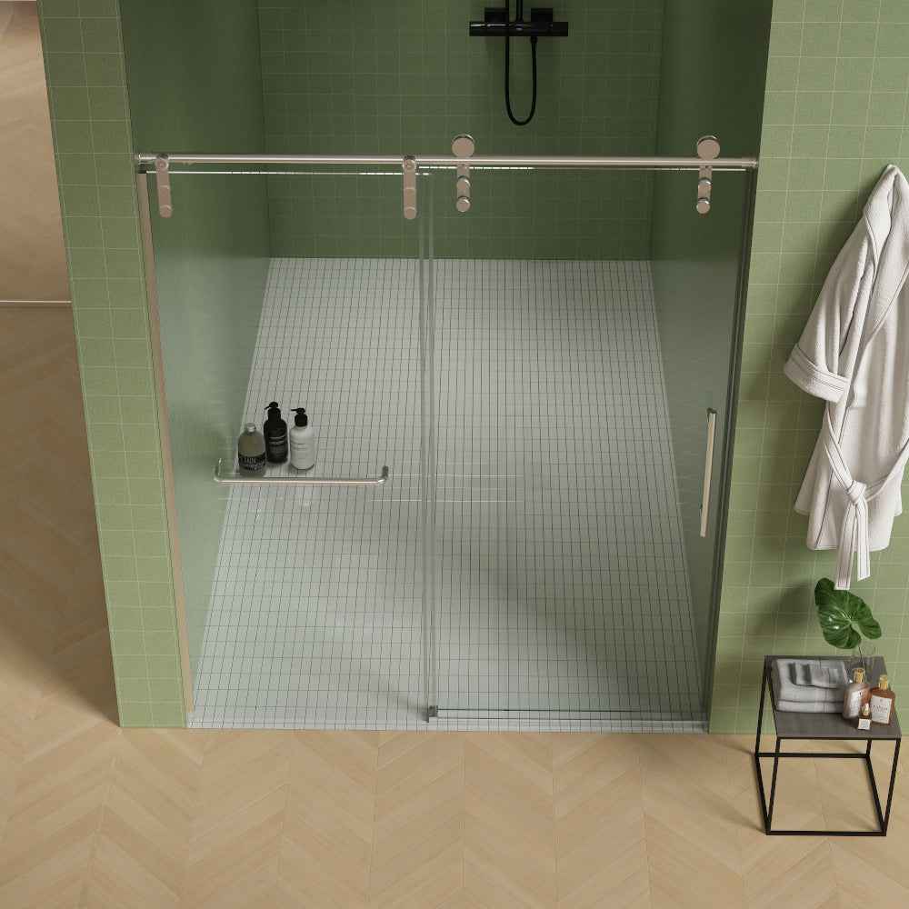 Frameless Double Sliding Shower Door 56"-60"W x 70"H, 8mm SGCC Clear Tempered Glass, Brushed Nickel Finished With Buffer - Luciddepot