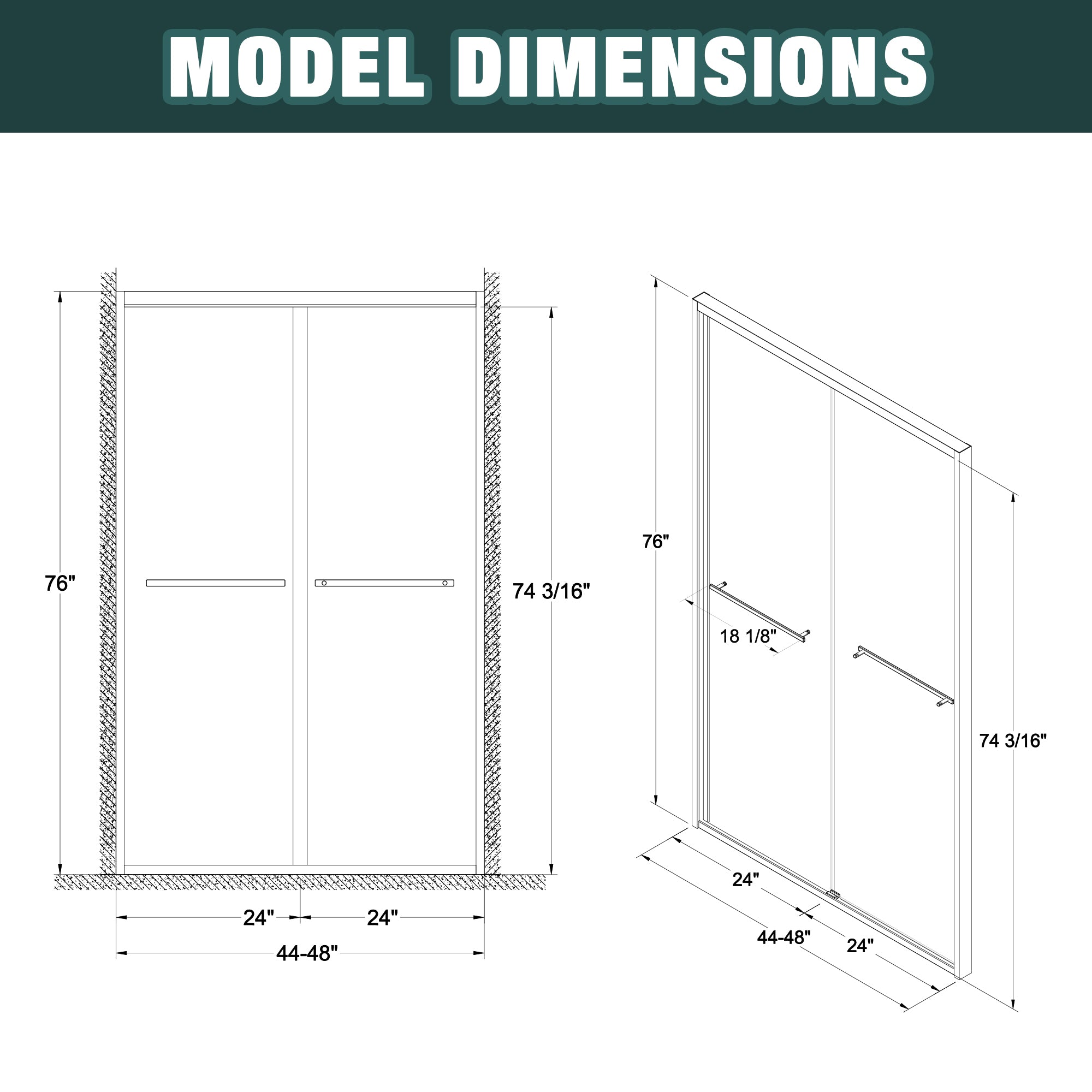 Aluminum Frame Double Sliding Shower Door 44"-48"W x76"H, 6mm Thick SGCC Clear Tempered Glass, Matte Black Finished - Luciddepot