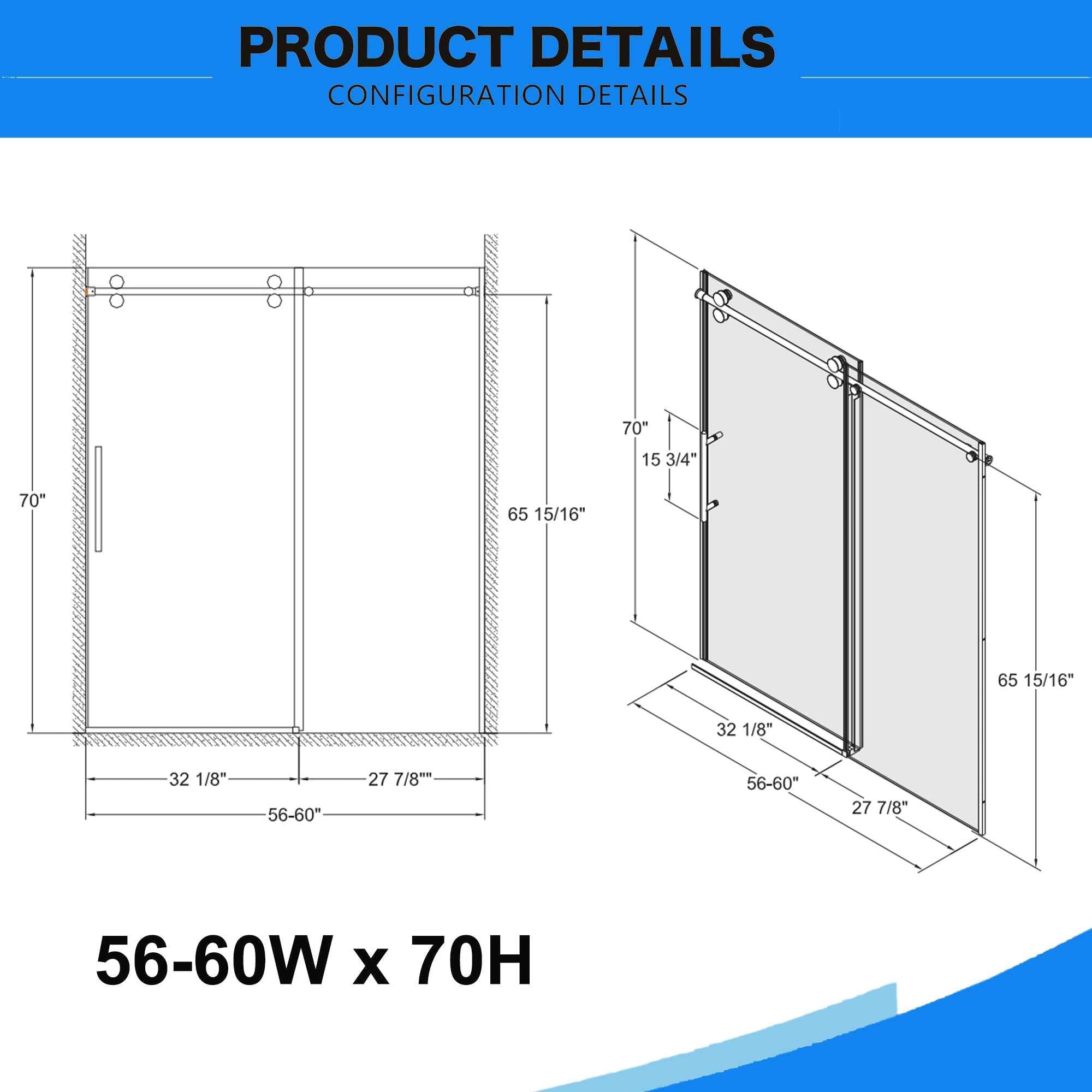Frameless Double Sliding Shower Door 56"-60"W x 70"H, 8mm SGCC Clear Tempered Glass, Chrome Finished - Luciddepot