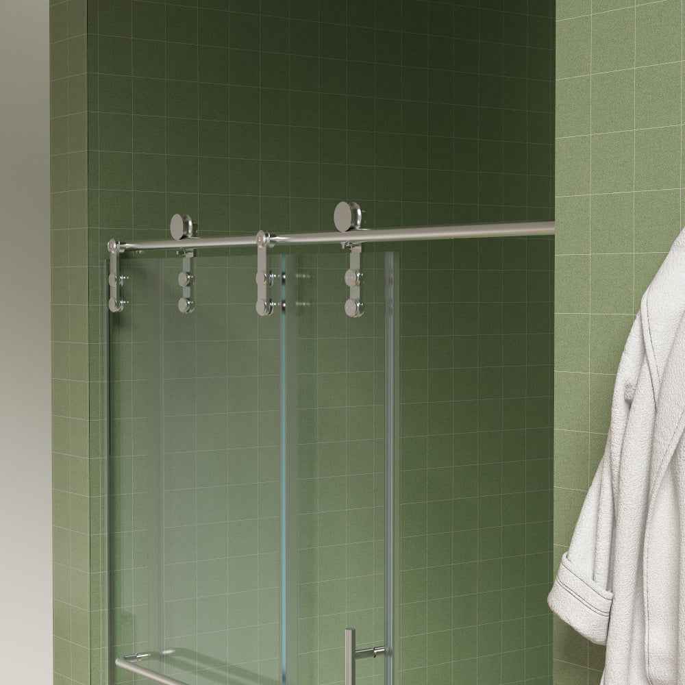 Frameless Double Sliding Shower Door 56"-60"W x 70"H, 8mm SGCC Clear Tempered Glass, Brushed Nickel Finished With Buffer - Luciddepot