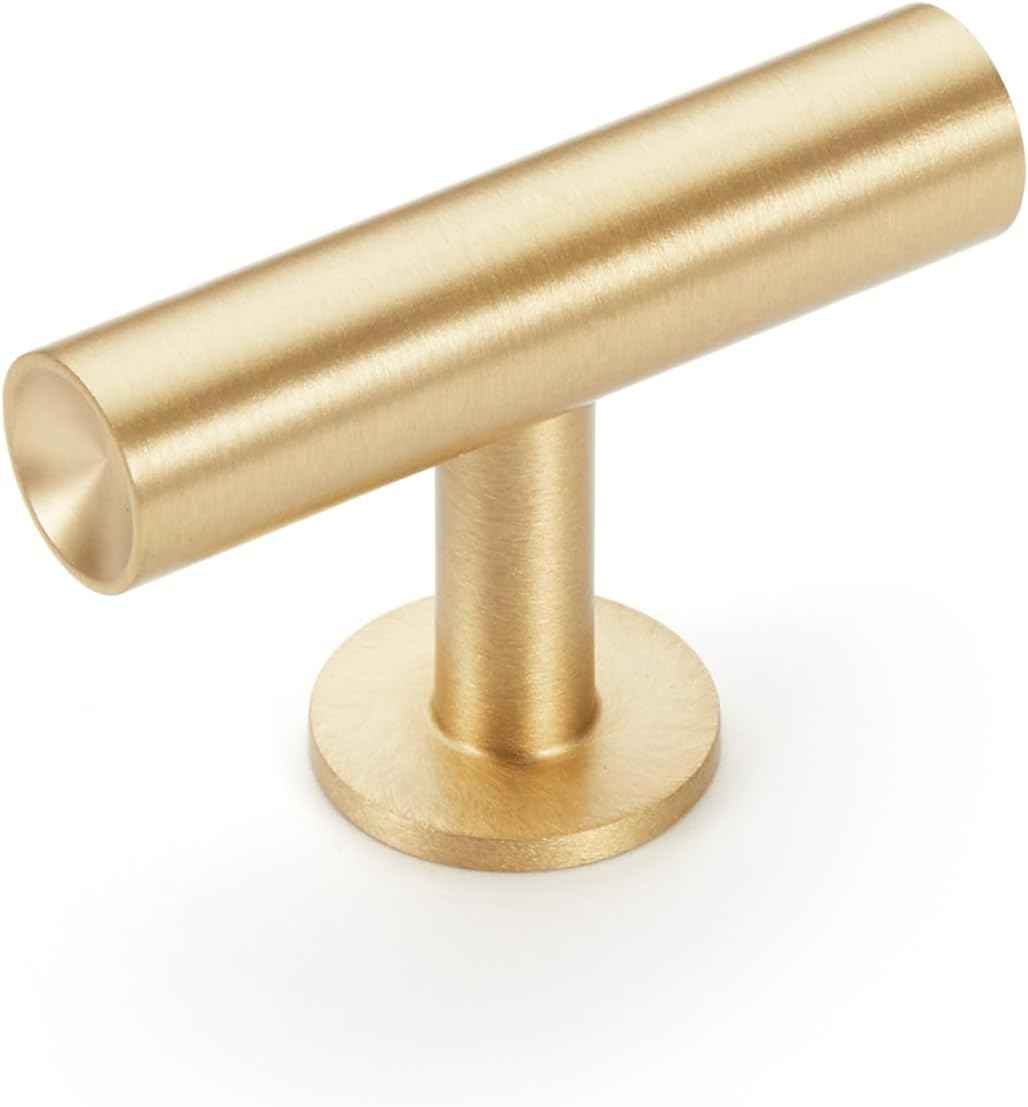 Cylinder Solid Brass Cabinet Pulls, Gold Kitchen Cabinet Handles, Gold Dresser Drawer Pulls, Modern Furniture Hardware, T-Bar Flat, Single Hole, Brushed Finish (2 or 6 pack) - Luciddepot