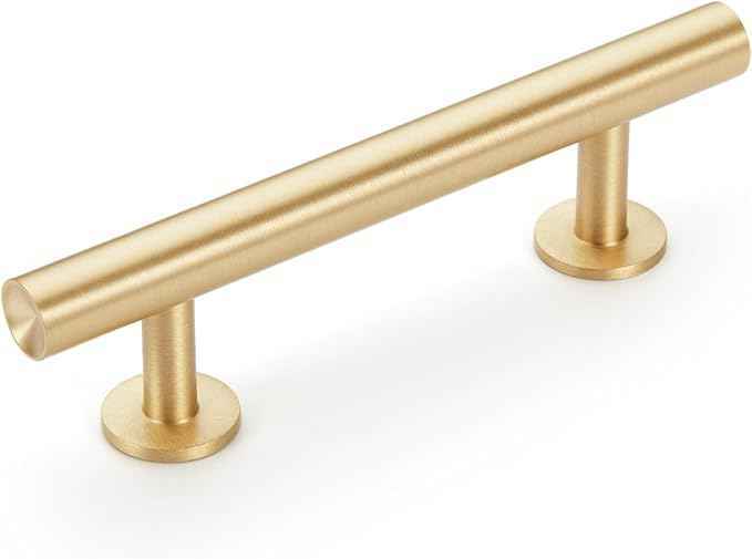 Cylinder Solid Brass Cabinet Pulls, Gold Kitchen Cabinet Handles, Gold Dresser Drawer Pulls, Modern Furniture Hardware, T-Bar Flat, Single Hole, Brushed Finish (2 or 6 pack) - Luciddepot