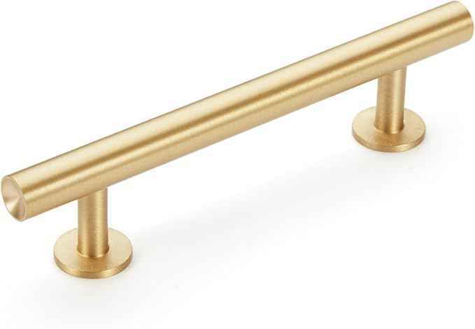 Cylinder Solid Brass Cabinet Pulls, Gold Kitchen Cabinet Handles, Gold Dresser Drawer Pulls, Modern Furniture Hardware, T-Bar Flat, Single Hole, Brushed Finish (2 or 6 pack) - Luciddepot