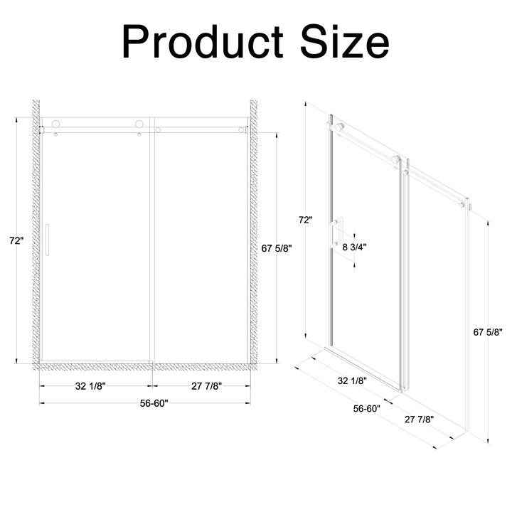 Frameless Double Sliding Shower Door 56"-60"W x 72"H, 8mm Thick SGCC Clear Tempered Glass, Brushed Nickel Finished - Luciddepot