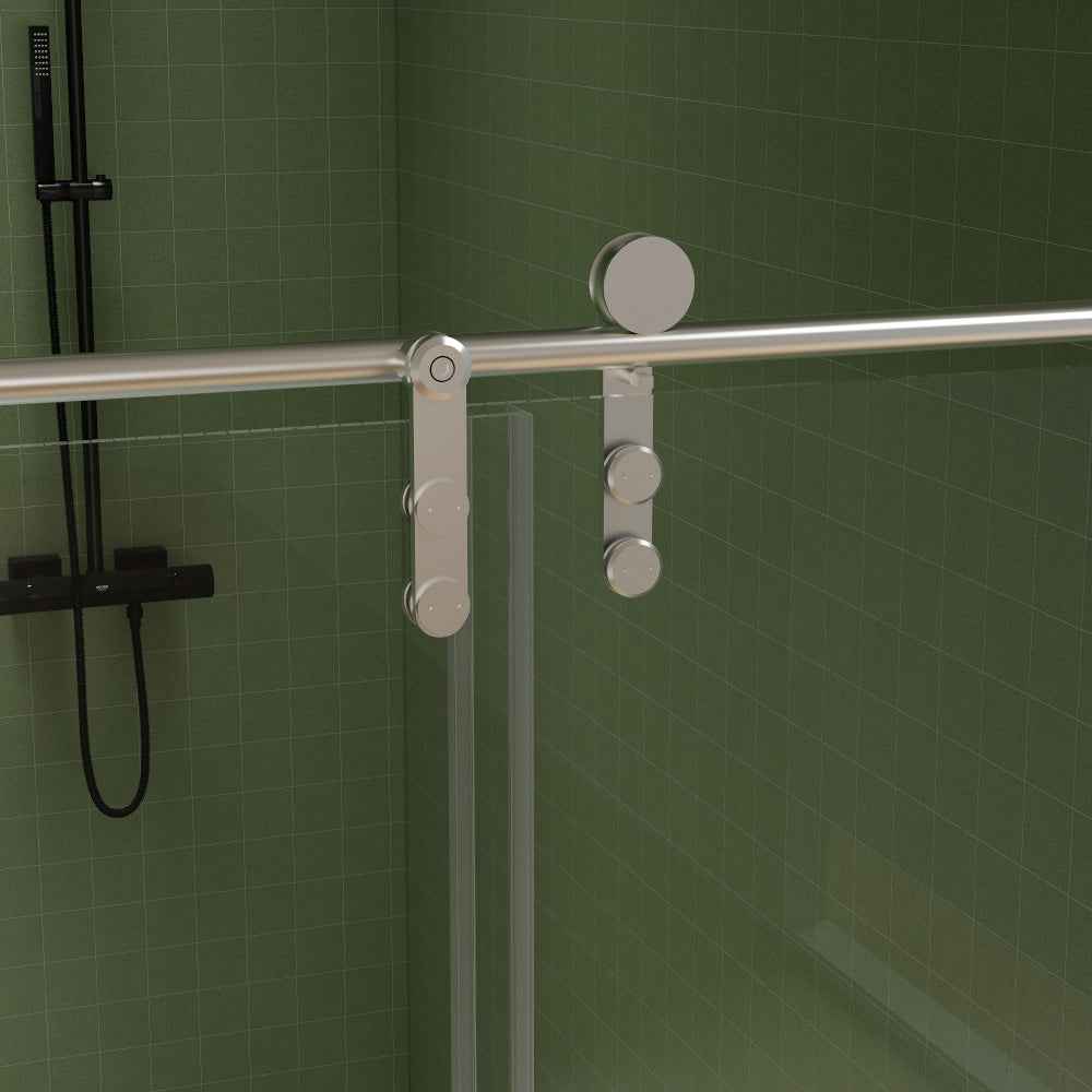 Frameless Double Sliding Shower Door 56"-60"W x 70"H, 8mm SGCC Clear Tempered Glass, Brushed Nickel Finished With Buffer - Luciddepot