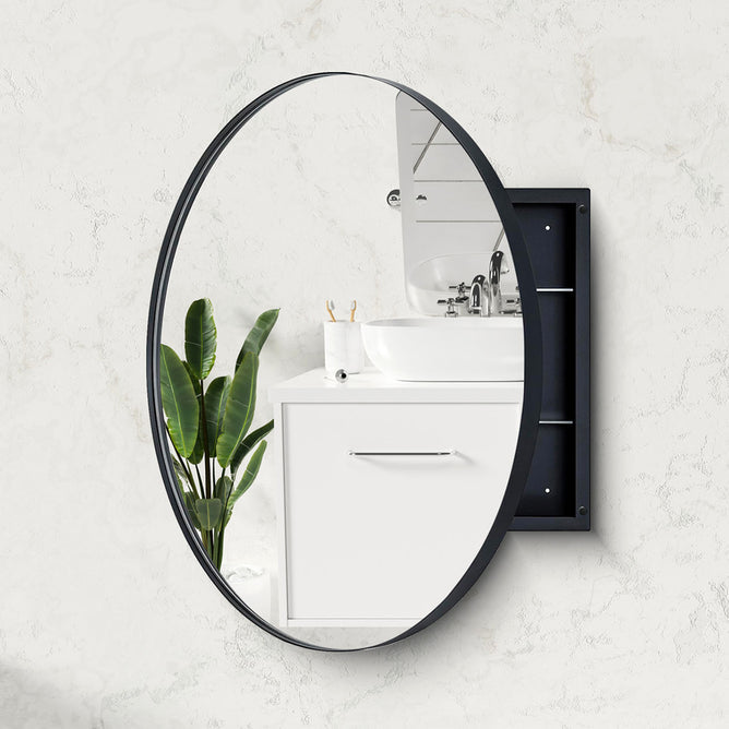 28 x 28 Inch Round Framed Mirror Bathroom Medicine Cabinet with Storage - Stainless Steel Black Circle Medicine Cabinet Mirror for Bathroom with Shelves and 18 x 18 Inch Storage Box - Luciddepo