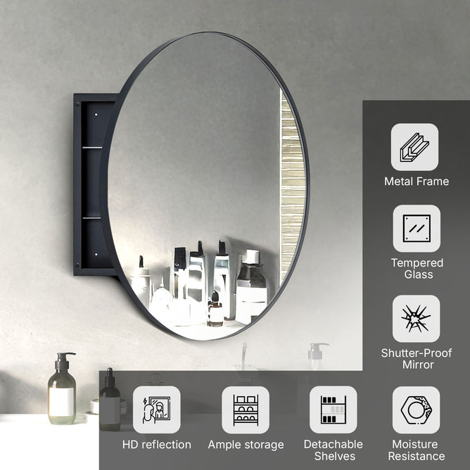 28 x 28 Inch Round Framed Mirror Bathroom Medicine Cabinet with Storage - Stainless Steel Black Circle Medicine Cabinet Mirror for Bathroom with Shelves and 18 x 18 Inch Storage Box - Luciddepo