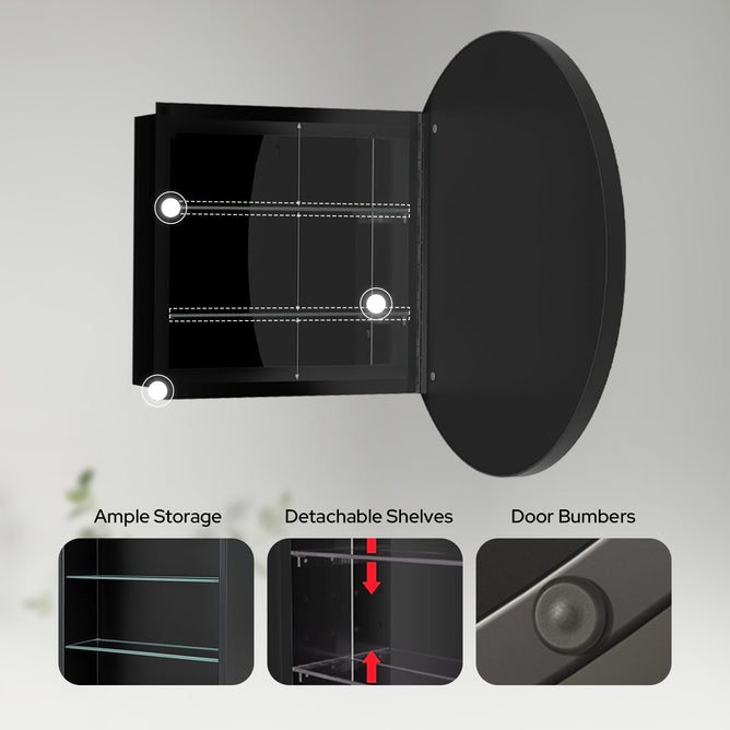 28 x 28 Inch Round Framed Mirror Bathroom Medicine Cabinet with Storage - Stainless Steel Black Circle Medicine Cabinet Mirror for Bathroom with Shelves and 18 x 18 Inch Storage Box - Luciddepo