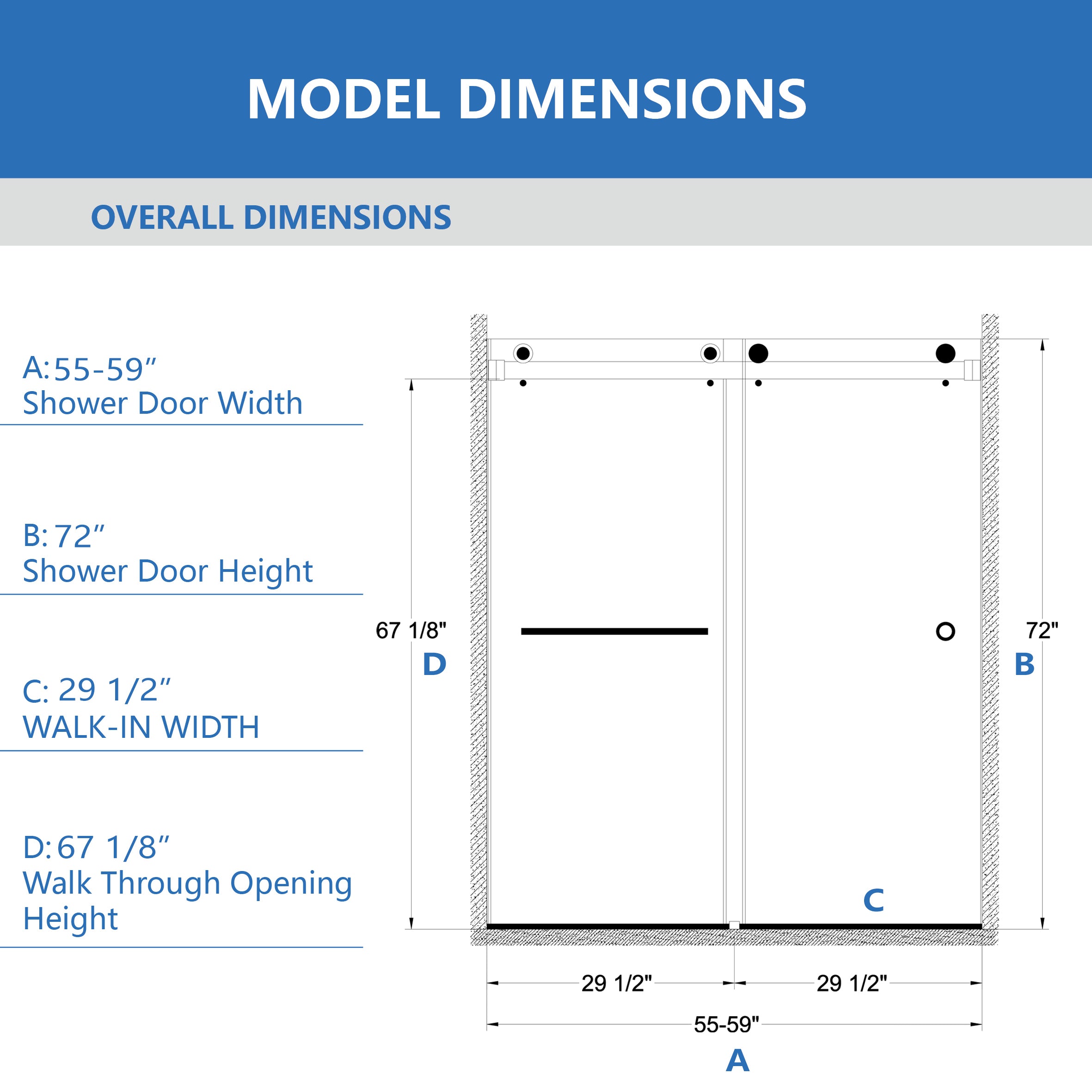 Frameless Double Sliding Shower Door 55"-59"W x 72"H, 8mm Thick SGCC Clear Premium Tempered Glass, Matte Black - Luciddepot