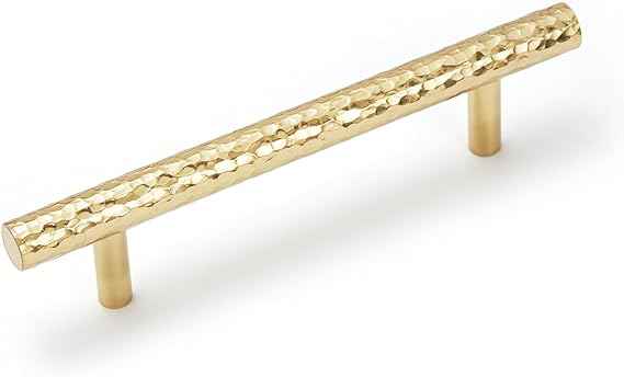 Hammered Cylinder Solid Brass Cabinet Pulls, Gold Kitchen Cabinet Handles, Gold Dresser Drawer Pulls, Modern Furniture Hardware, T-Bar Flat, Single Hole, Brushed Finish (2 or 6 pack) - Luciddepot