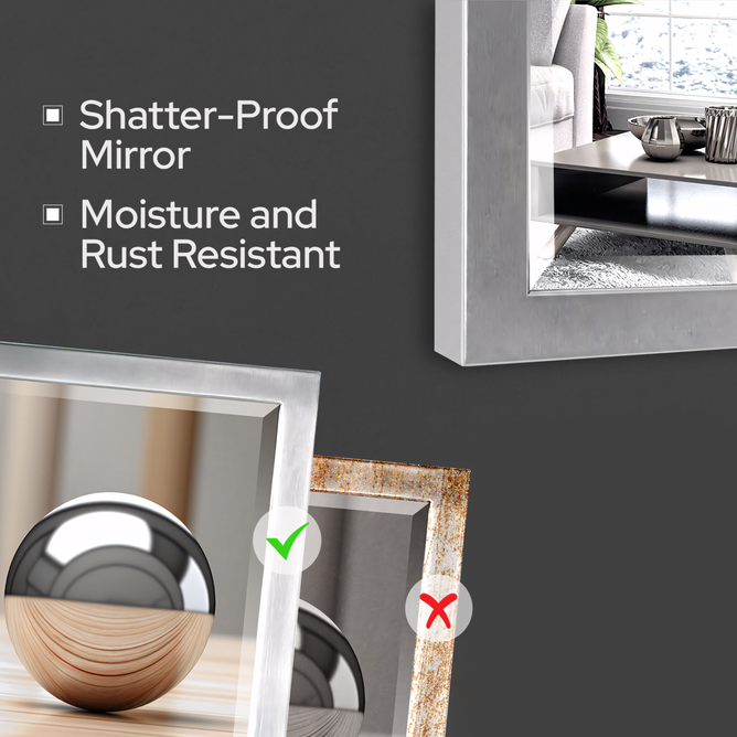 30 x 40  inches Brushed Nickel Bathroom Mirror – Stainless Steel Framed Rectangular Wall Mirror for Vanity, Over Sink Mirror, Bedroom, Living Room, Modern Elegant Design, Durable Construction - Luciddepo