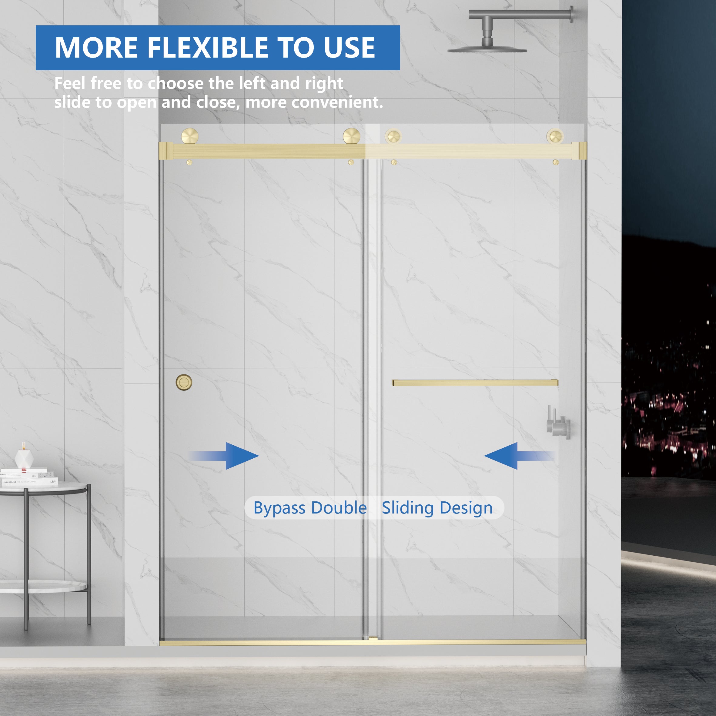 Frameless Double Sliding Shower Door 55"-59"W x 72"H, 8mm Thick SGCC Clear Premium Tempered Glass, Brushed Gold - Luciddepot