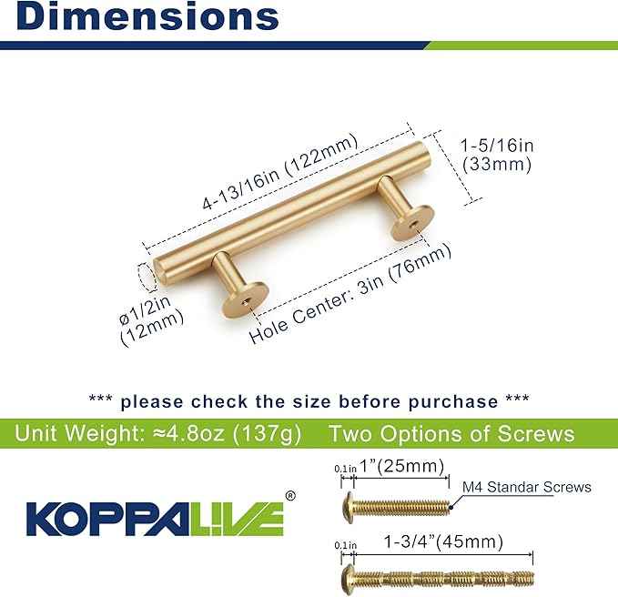 Cylinder Solid Brass Cabinet Pulls, Gold Kitchen Cabinet Handles, Gold Dresser Drawer Pulls, Modern Furniture Hardware, T-Bar Flat, Single Hole, Brushed Finish (2 or 6 pack) - Luciddepot