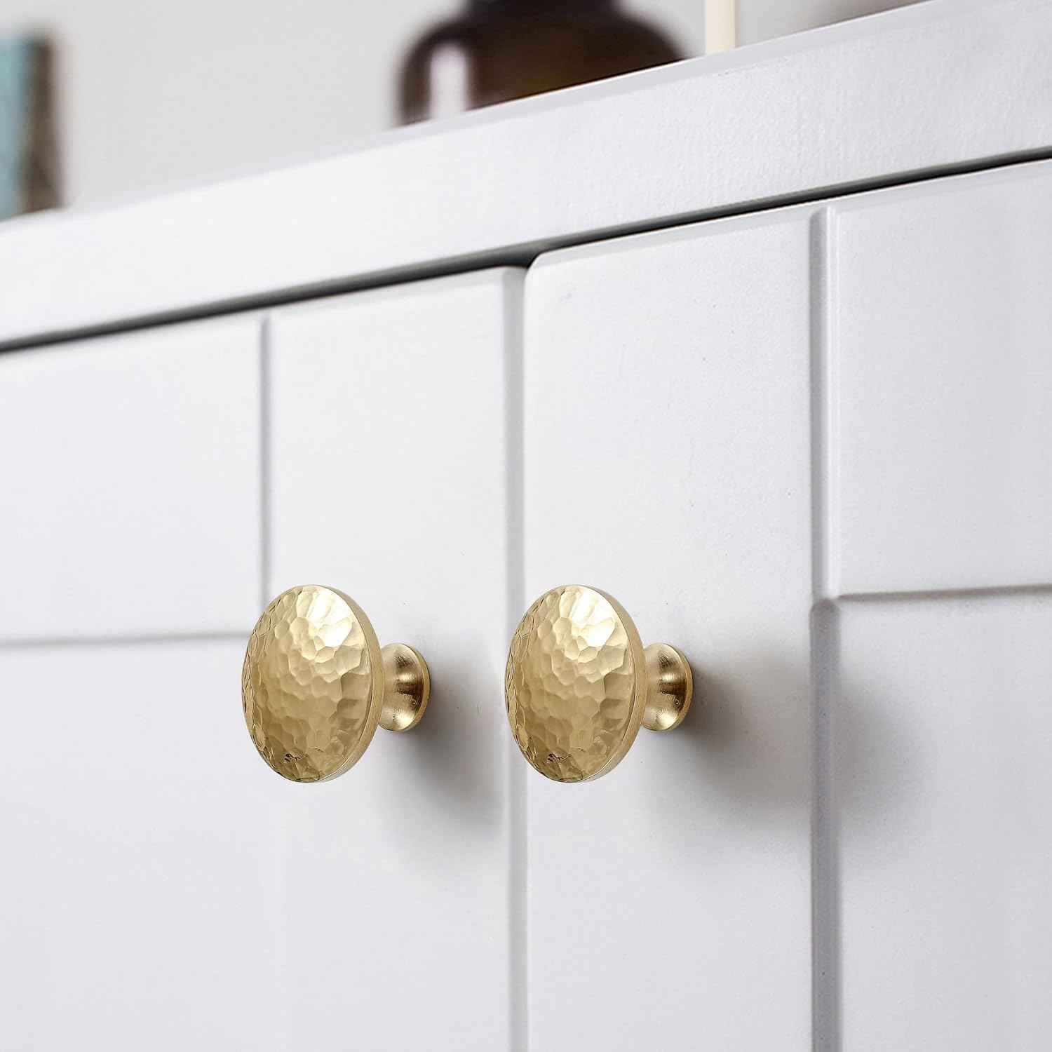 Hammered Gold Kitchen Cabinet Knobs, Solid Brass Knobs for Dresser Drawer, Minimalist Bathroom Cabinet Pulls, Modern Furniture Hardware, Brushed Finish (Semicircle/Round/Mushroom) - Luciddepot