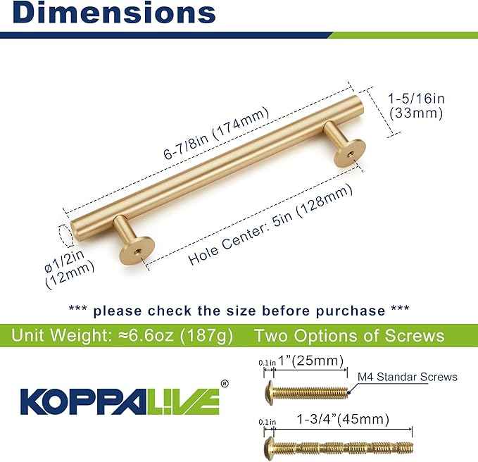 Cylinder Solid Brass Cabinet Pulls, Gold Kitchen Cabinet Handles, Gold Dresser Drawer Pulls, Modern Furniture Hardware, T-Bar Flat, Single Hole, Brushed Finish (2 or 6 pack) - Luciddepot