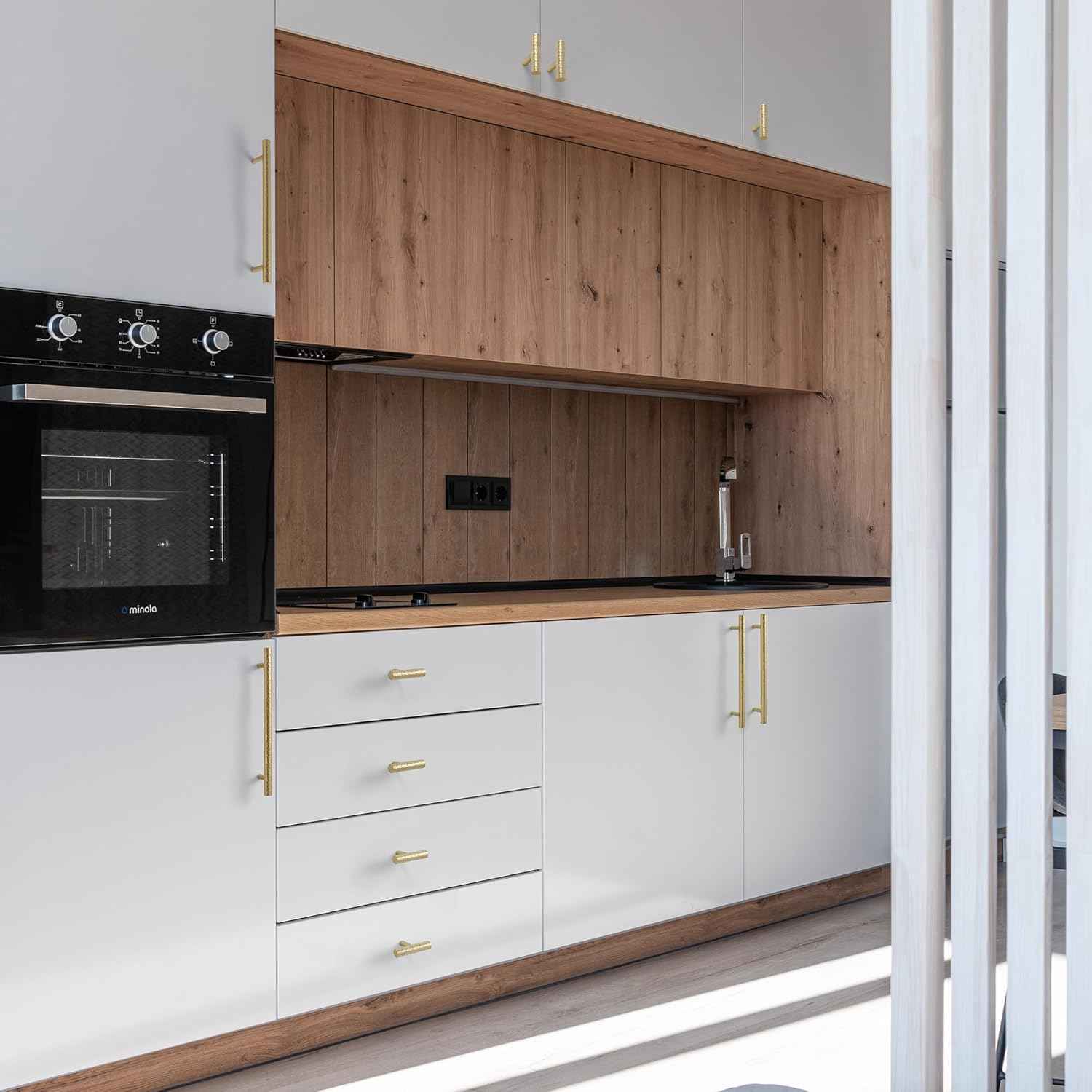 Hammered Cylinder Solid Brass Cabinet Pulls, Gold Kitchen Cabinet Handles, Gold Dresser Drawer Pulls, Modern Furniture Hardware, T-Bar Flat, Single Hole, Brushed Finish (2 or 6 pack) - Luciddepot