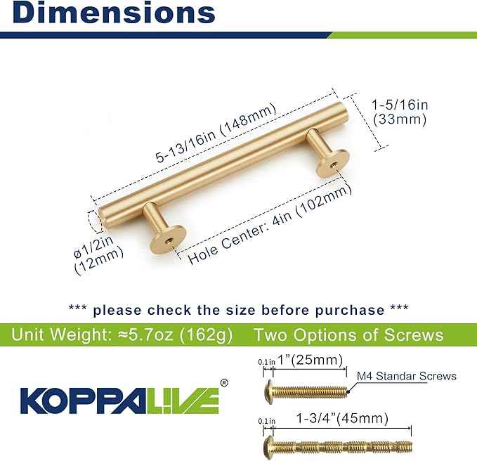 Cylinder Solid Brass Cabinet Pulls, Gold Kitchen Cabinet Handles, Gold Dresser Drawer Pulls, Modern Furniture Hardware, T-Bar Flat, Single Hole, Brushed Finish (2 or 6 pack) - Luciddepot