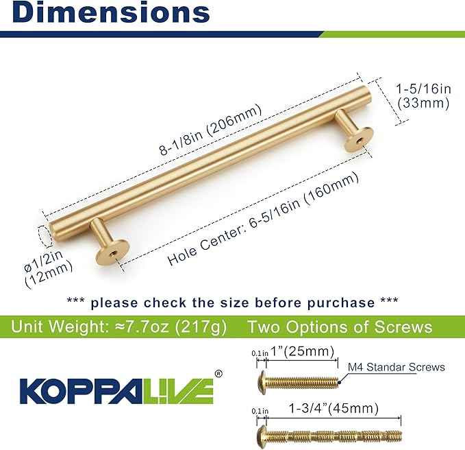 Cylinder Solid Brass Cabinet Pulls, Gold Kitchen Cabinet Handles, Gold Dresser Drawer Pulls, Modern Furniture Hardware, T-Bar Flat, Single Hole, Brushed Finish (2 or 6 pack) - Luciddepot