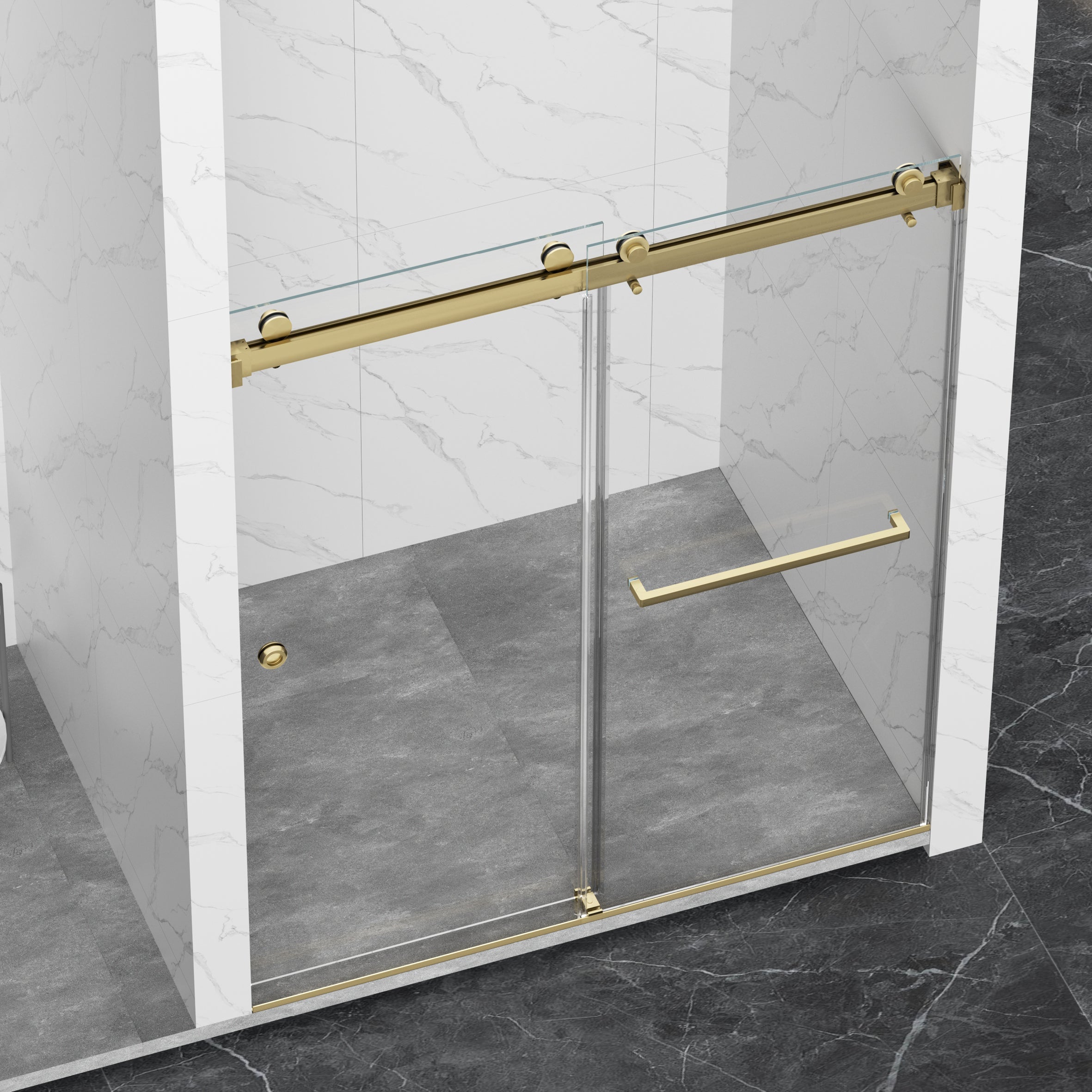 Frameless Double Sliding Shower Door 55"-59"W x 72"H, 8mm Thick SGCC Clear Premium Tempered Glass, Brushed Gold - Luciddepot