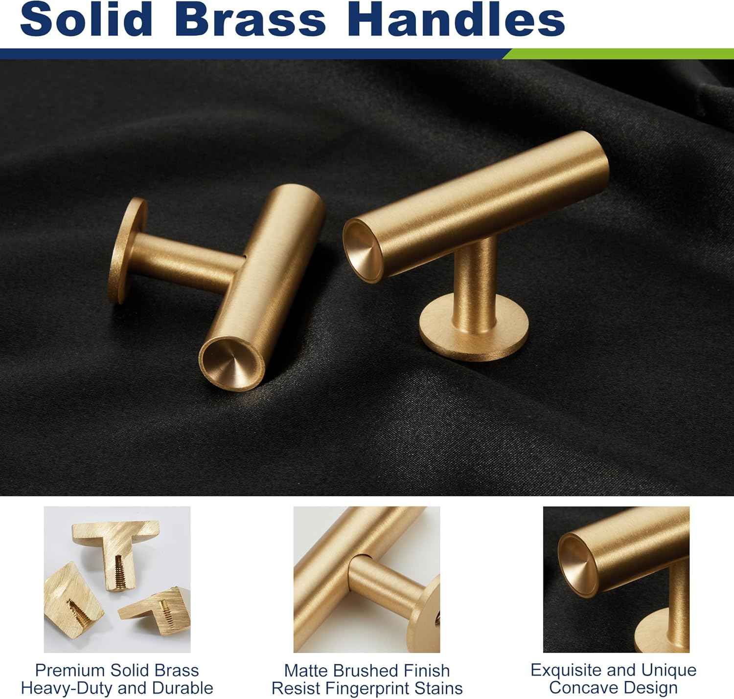 Cylinder Solid Brass Cabinet Pulls, Gold Kitchen Cabinet Handles, Gold Dresser Drawer Pulls, Modern Furniture Hardware, T-Bar Flat, Single Hole, Brushed Finish (2 or 6 pack) - Luciddepot