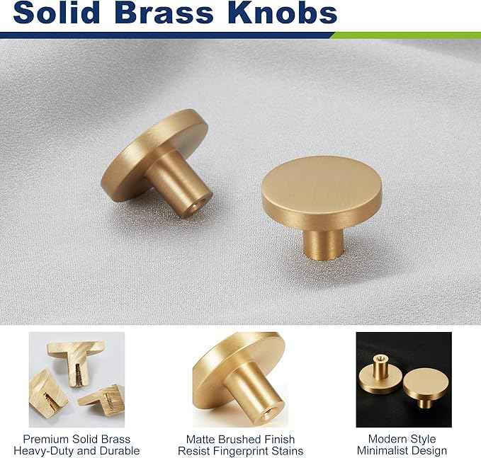 Gold Kitchen Cabinet Knobs, Solid Brass Knobs for Dresser Drawer, Minimalist Bathroom Cabinet Pulls, Modern Furniture Hardware, Brushed Finish (Semicircle/Round/Mushroom/Step) - Luciddepot