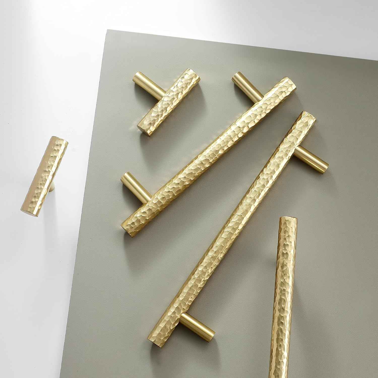 Hammered Cylinder Solid Brass Cabinet Pulls, Gold Kitchen Cabinet Handles, Gold Dresser Drawer Pulls, Modern Furniture Hardware, T-Bar Flat, Single Hole, Brushed Finish (2 or 6 pack) - Luciddepot