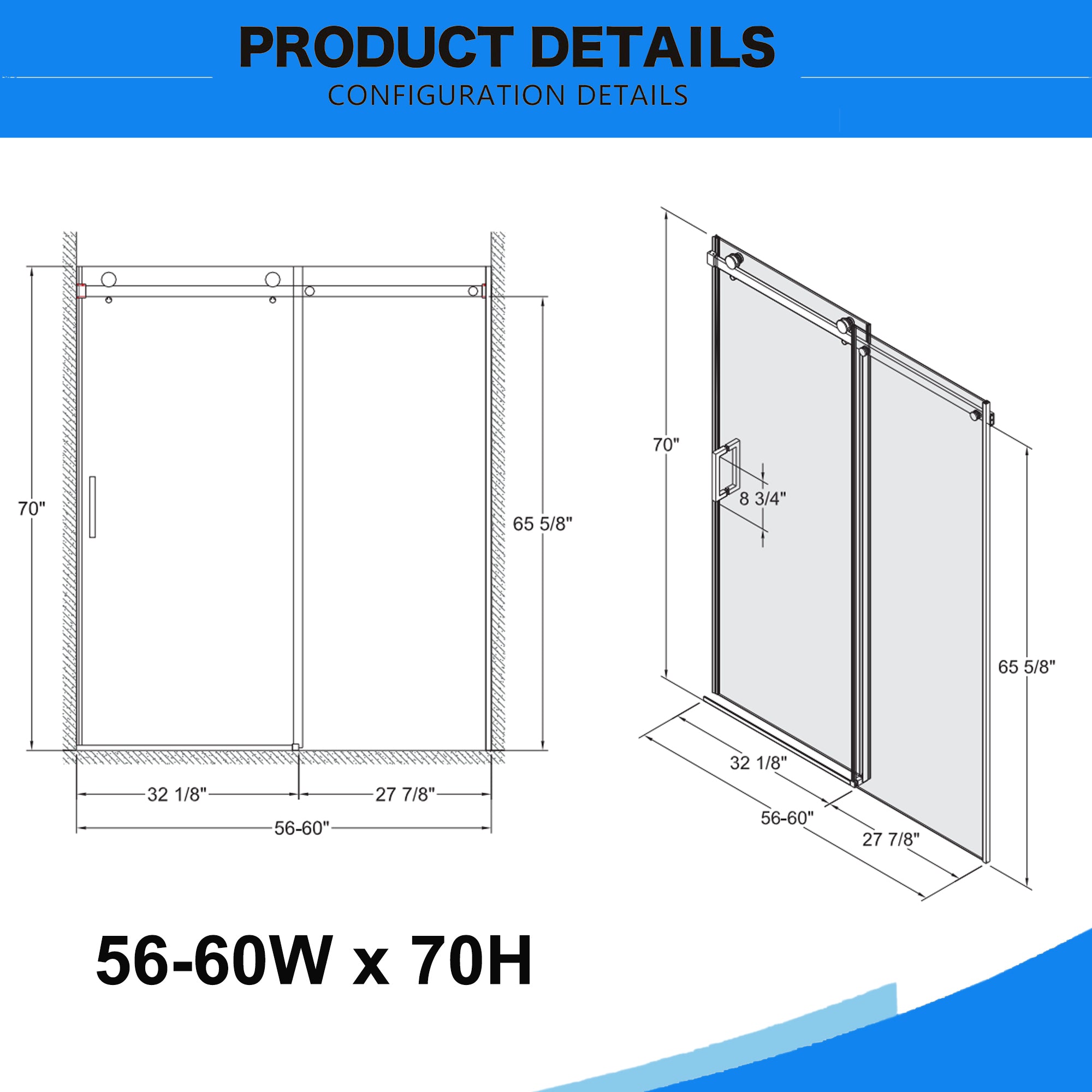 Frameless Double Sliding Shower Door 56"-60"W x 70"H, 8mm Thick SGCC Clear Tempered Glass, Matte Black Finished With Buffer - Luciddepot