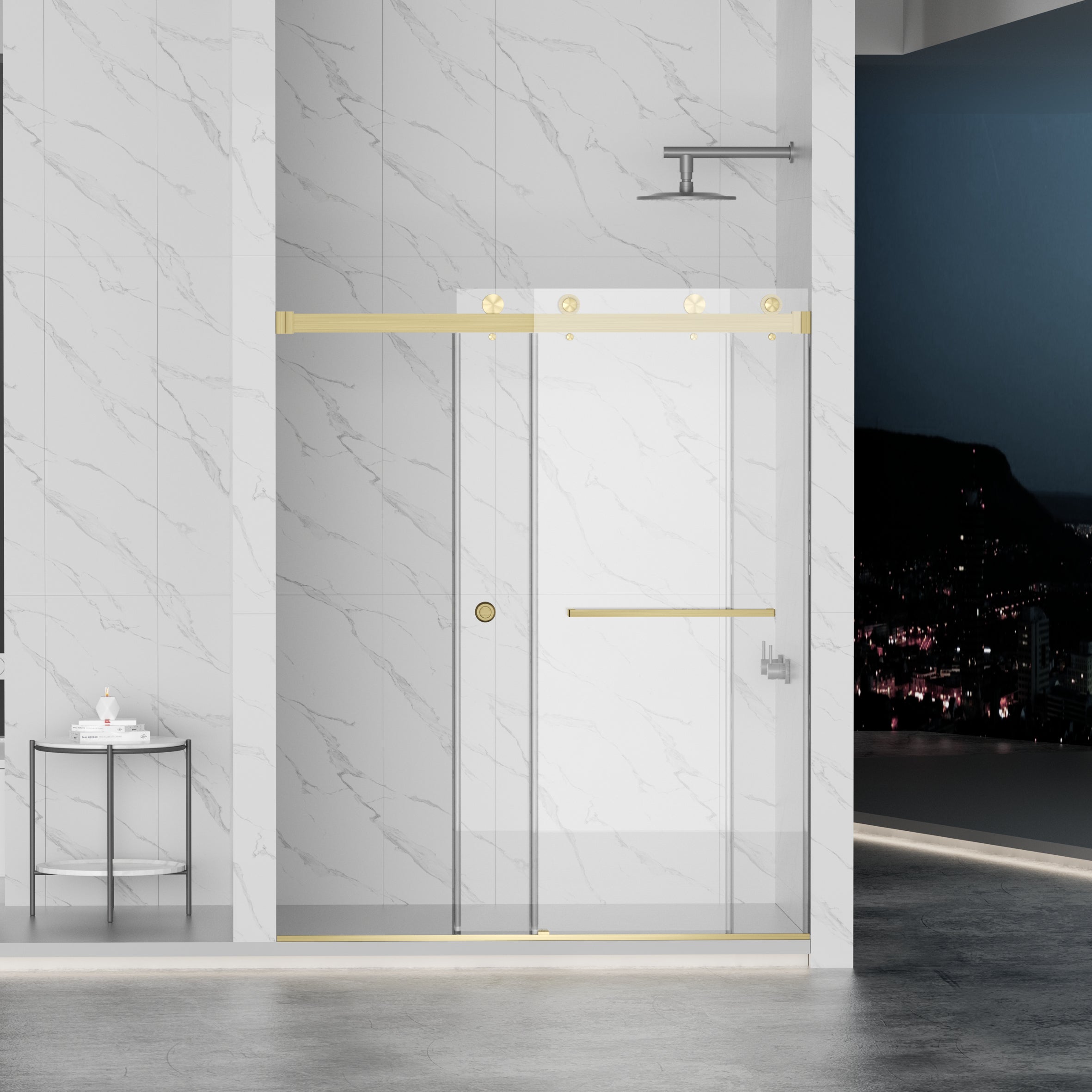 Frameless Double Sliding Shower Door 55"-59"W x 72"H, 8mm Thick SGCC Clear Premium Tempered Glass, Brushed Gold - Luciddepot