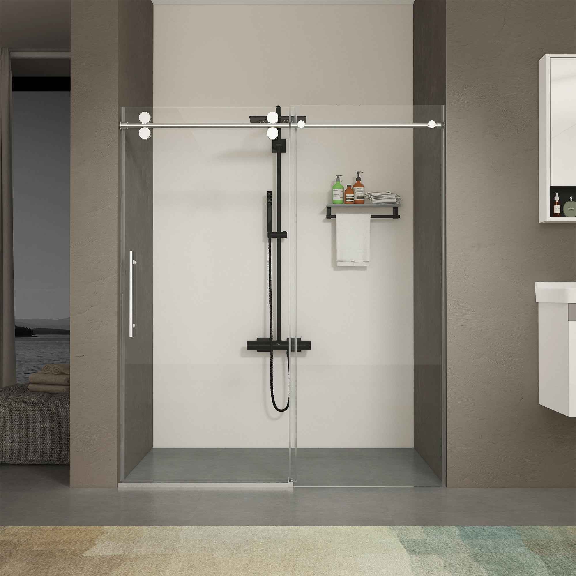 Frameless Double Sliding Shower Door 56"-60"W x 70"H, 8mm SGCC Clear Tempered Glass, Chrome Finished - Luciddepot