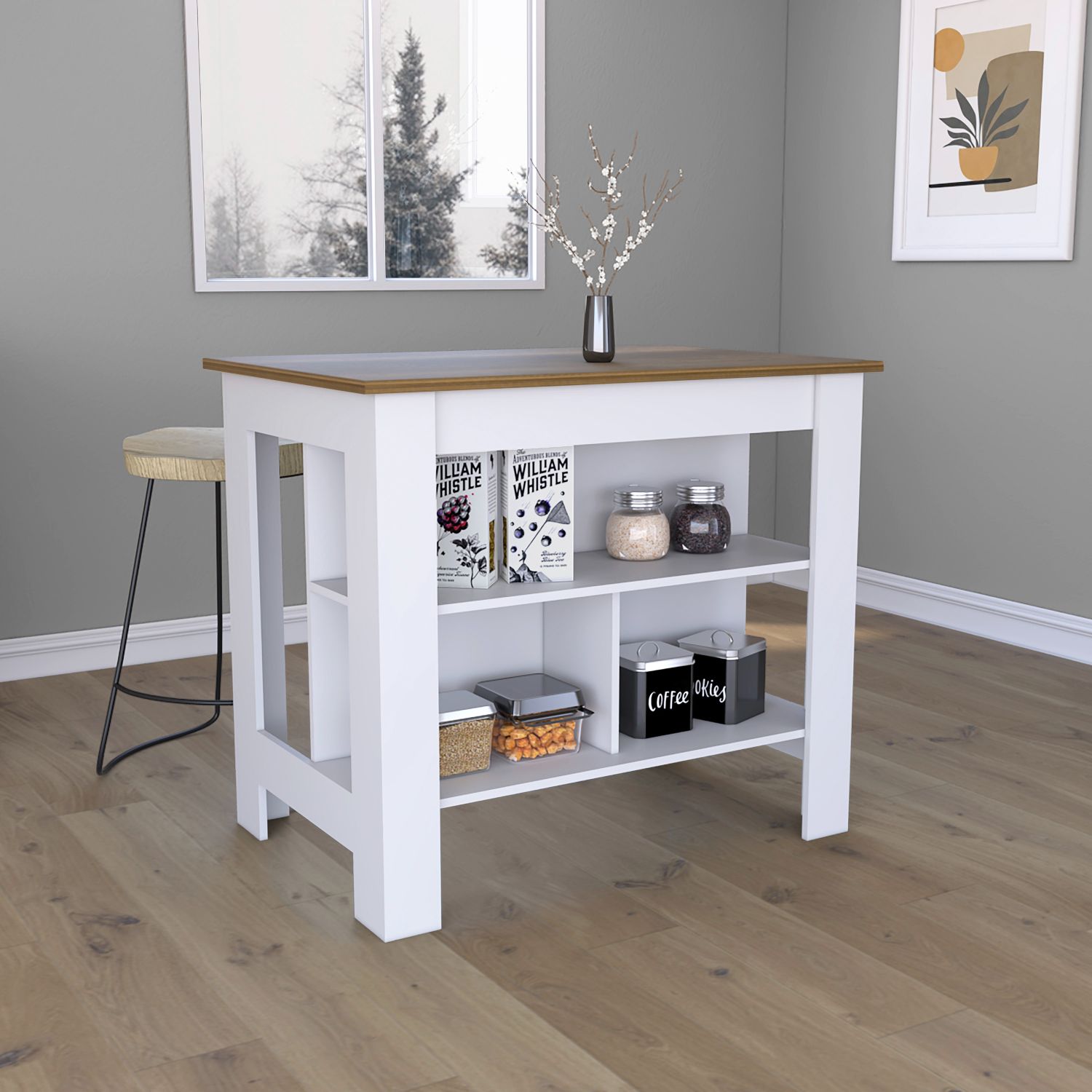 Delos Kitchen Island, Four Legs, Three Shelves, White / Walnut - Luciddepo