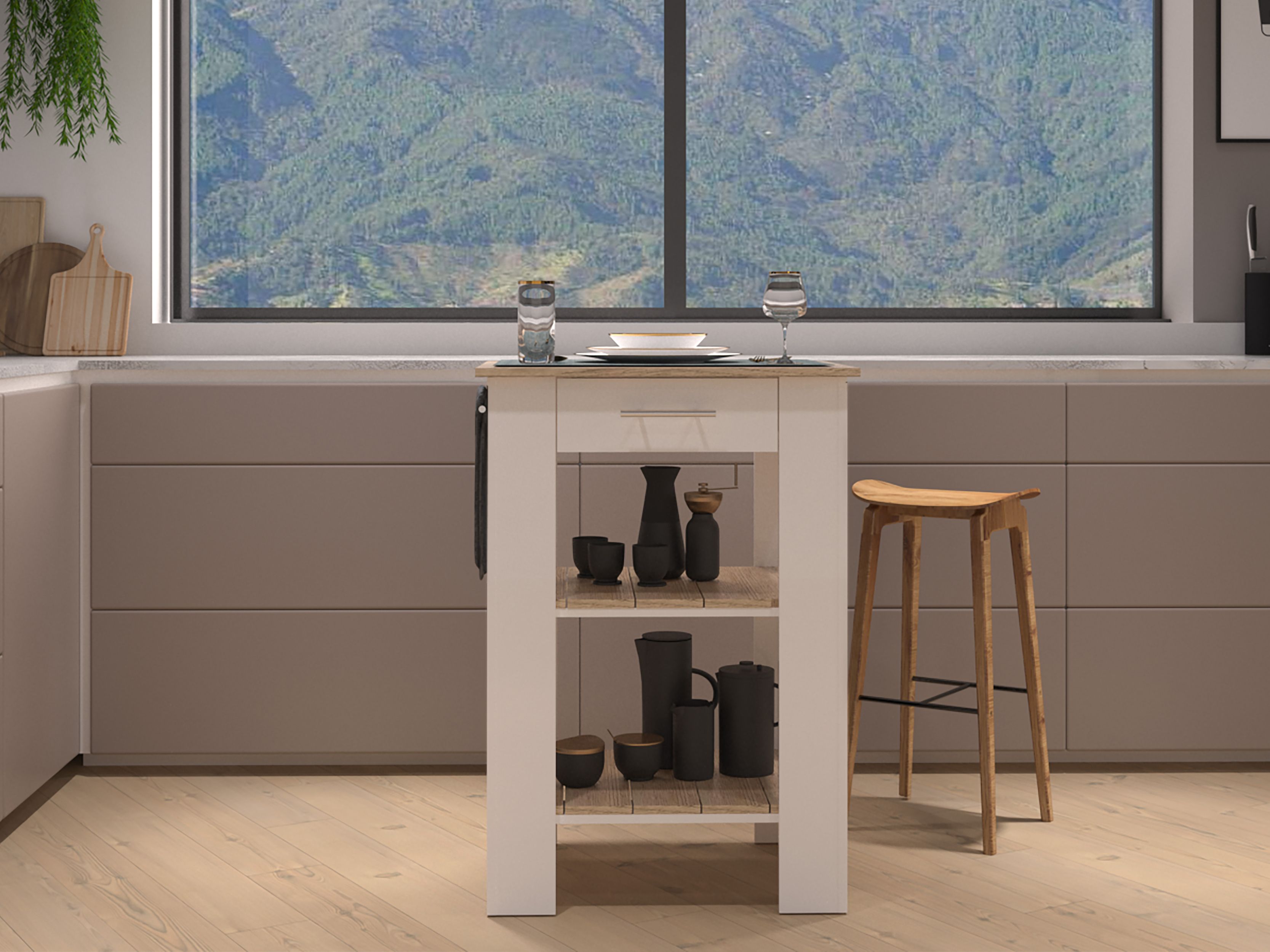 Delos 23 Kitchen Island with 2-Open Storage Shelves, 1-Drawer and Towel Rack, White / Light Oak - Luciddepo