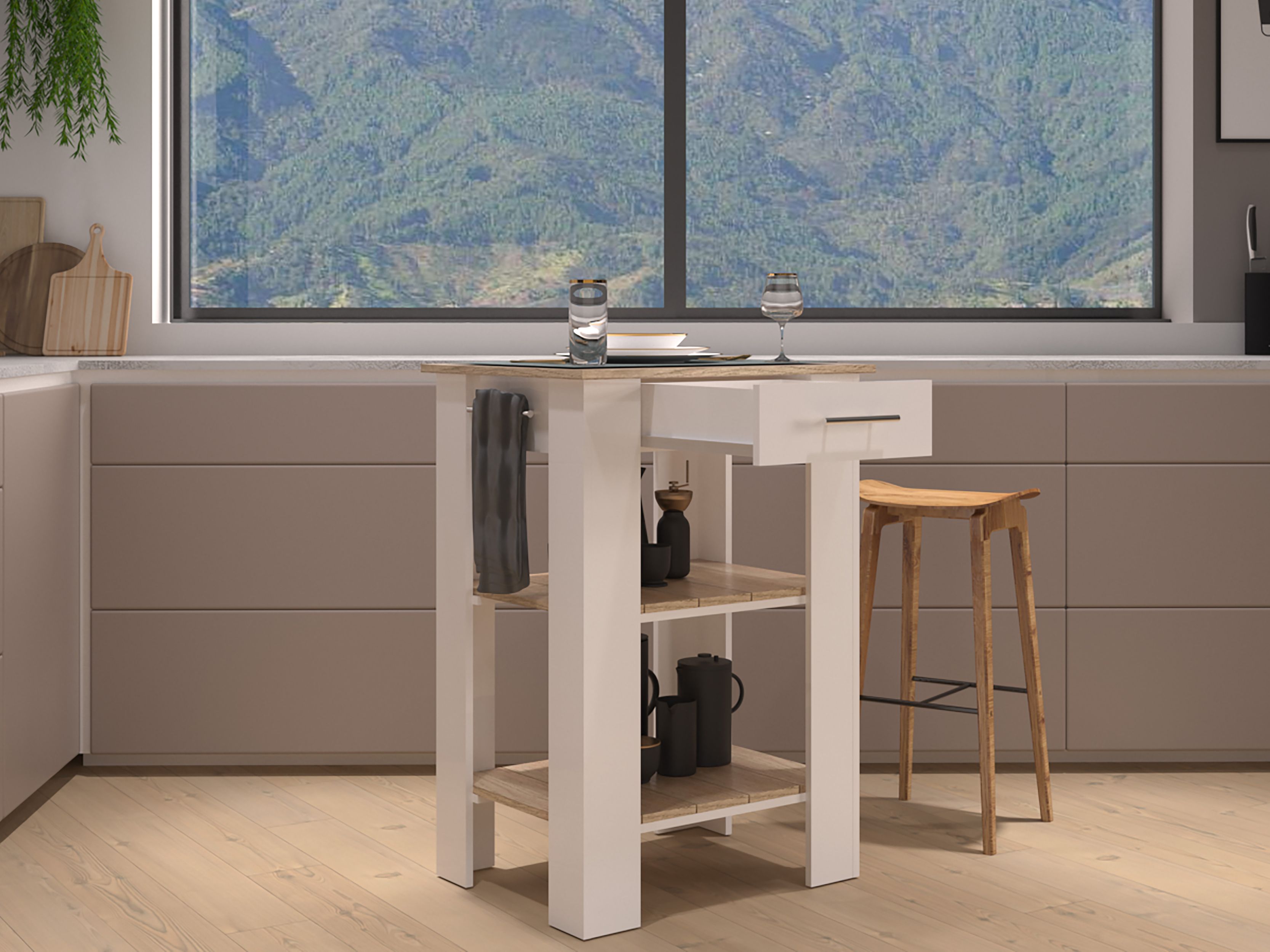 Delos 23 Kitchen Island with 2-Open Storage Shelves, 1-Drawer and Towel Rack, White / Light Oak - Luciddepo