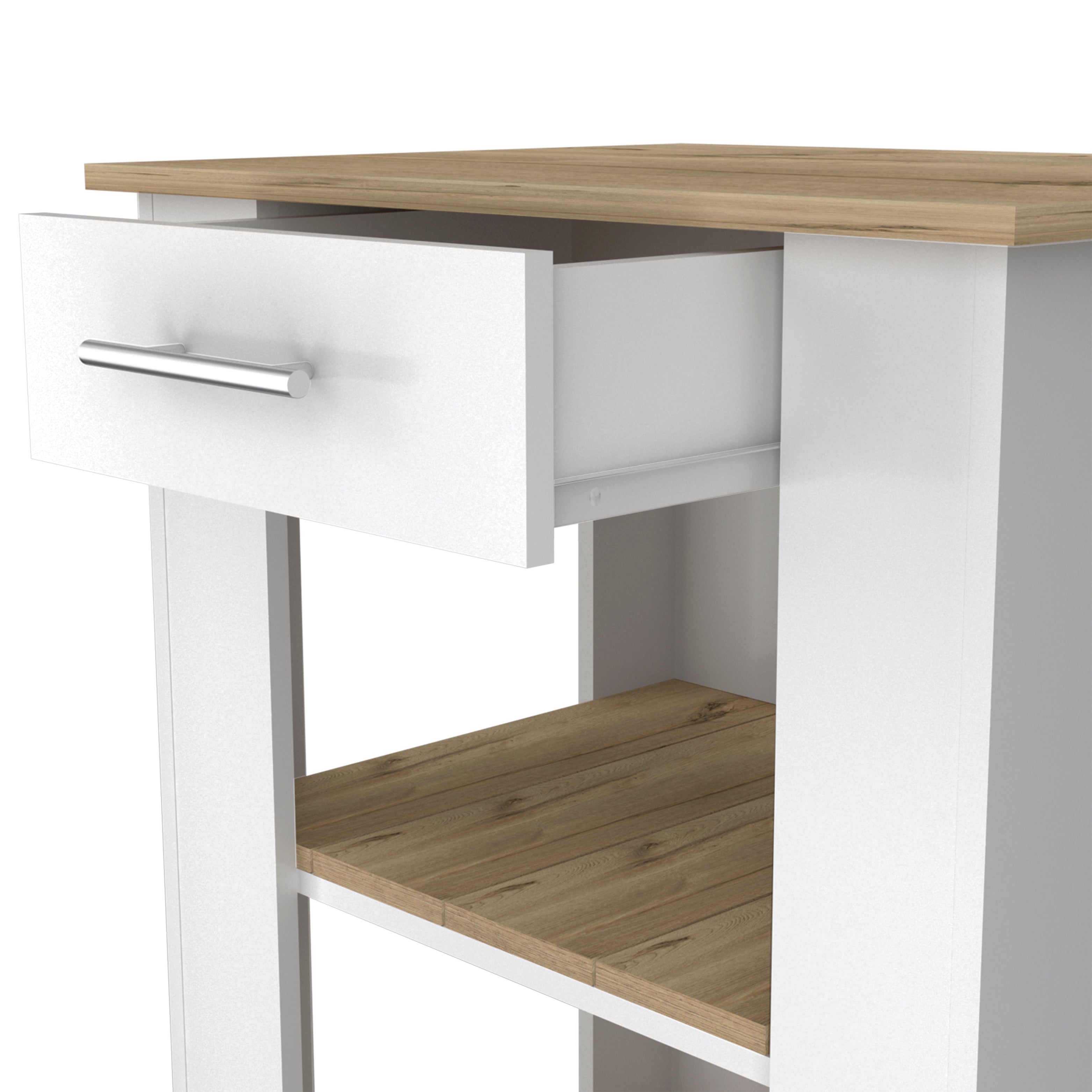 Delos 23 Kitchen Island with 2-Open Storage Shelves, 1-Drawer and Towel Rack, White / Light Oak - Luciddepo