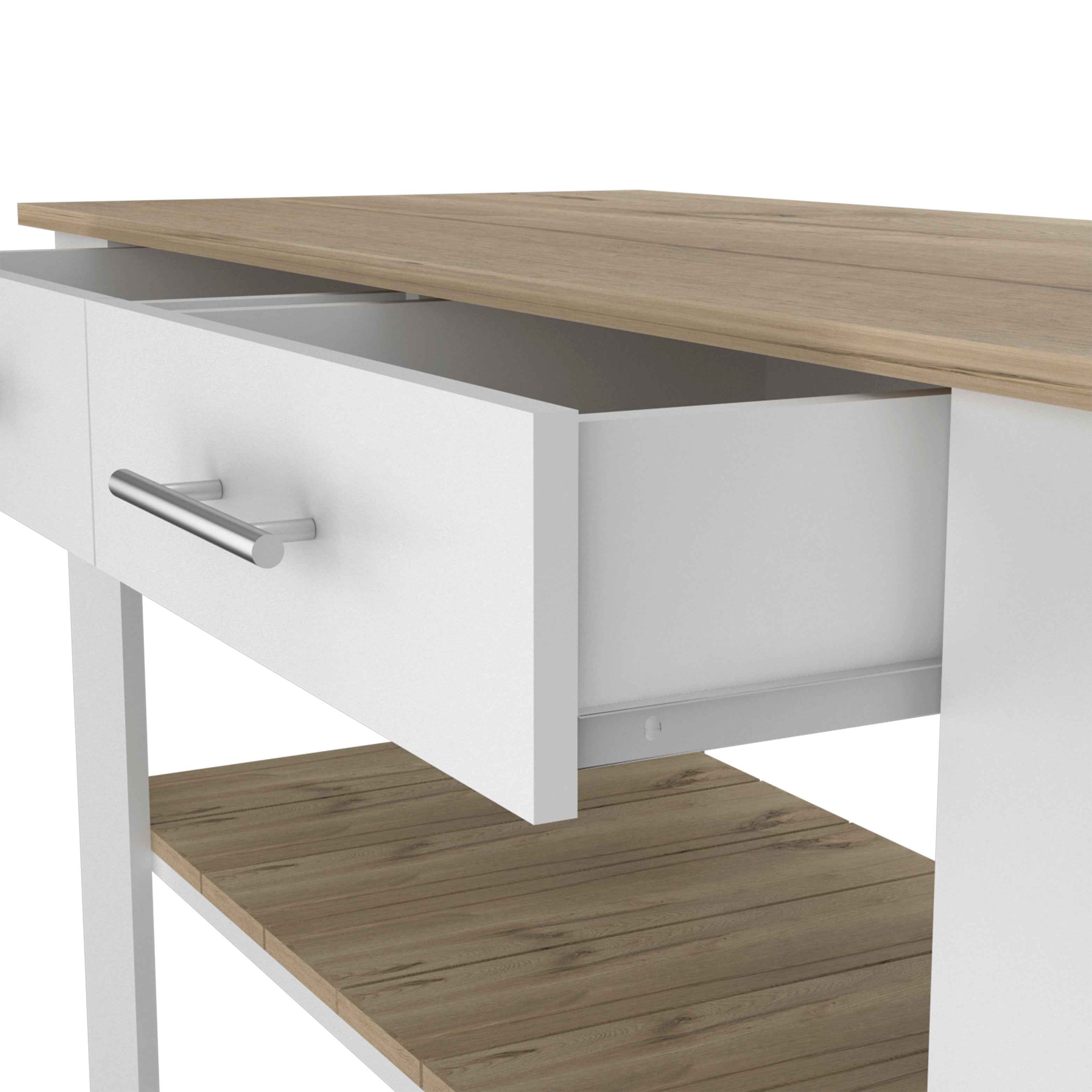 Delos 46 Kitchen Island White, Six Casters, Two Drawers, Lower Open Shelf, White / Light Oak
