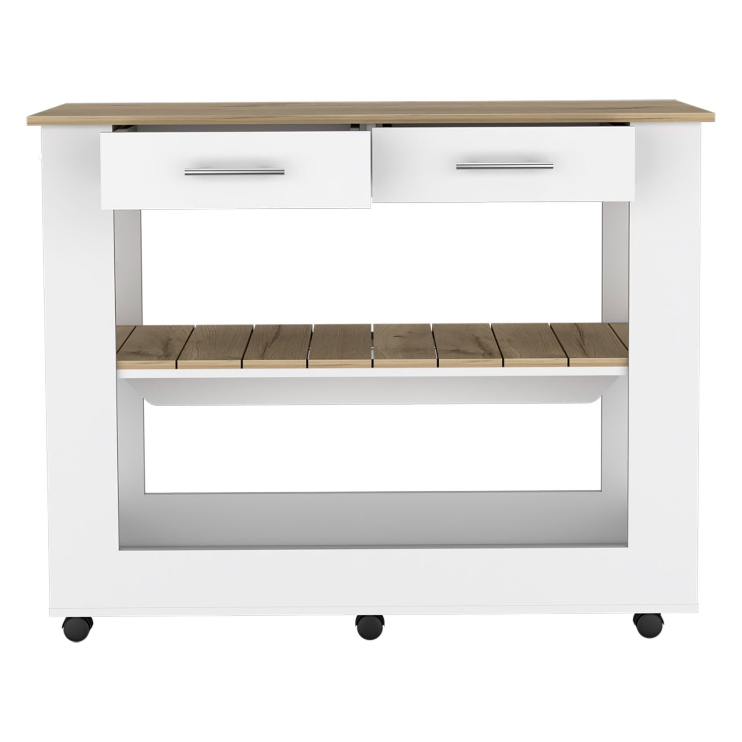 Delos 46 Kitchen Island White, Six Casters, Two Drawers, Lower Open Shelf, White / Light Oak - Luciddepo