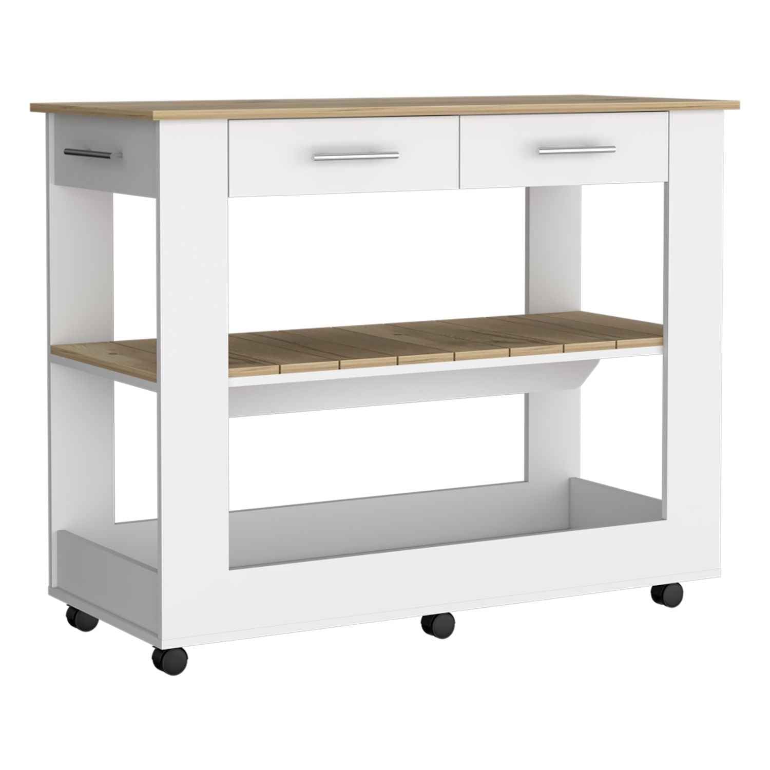 Delos 46 Kitchen Island White, Six Casters, Two Drawers, Lower Open Shelf, White / Light Oak
