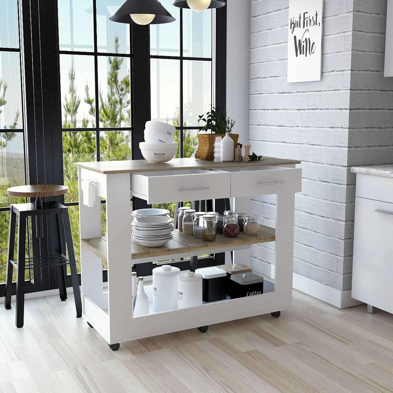 Delos 46 Kitchen Island White, Six Casters, Two Drawers, Lower Open Shelf, White / Light Oak