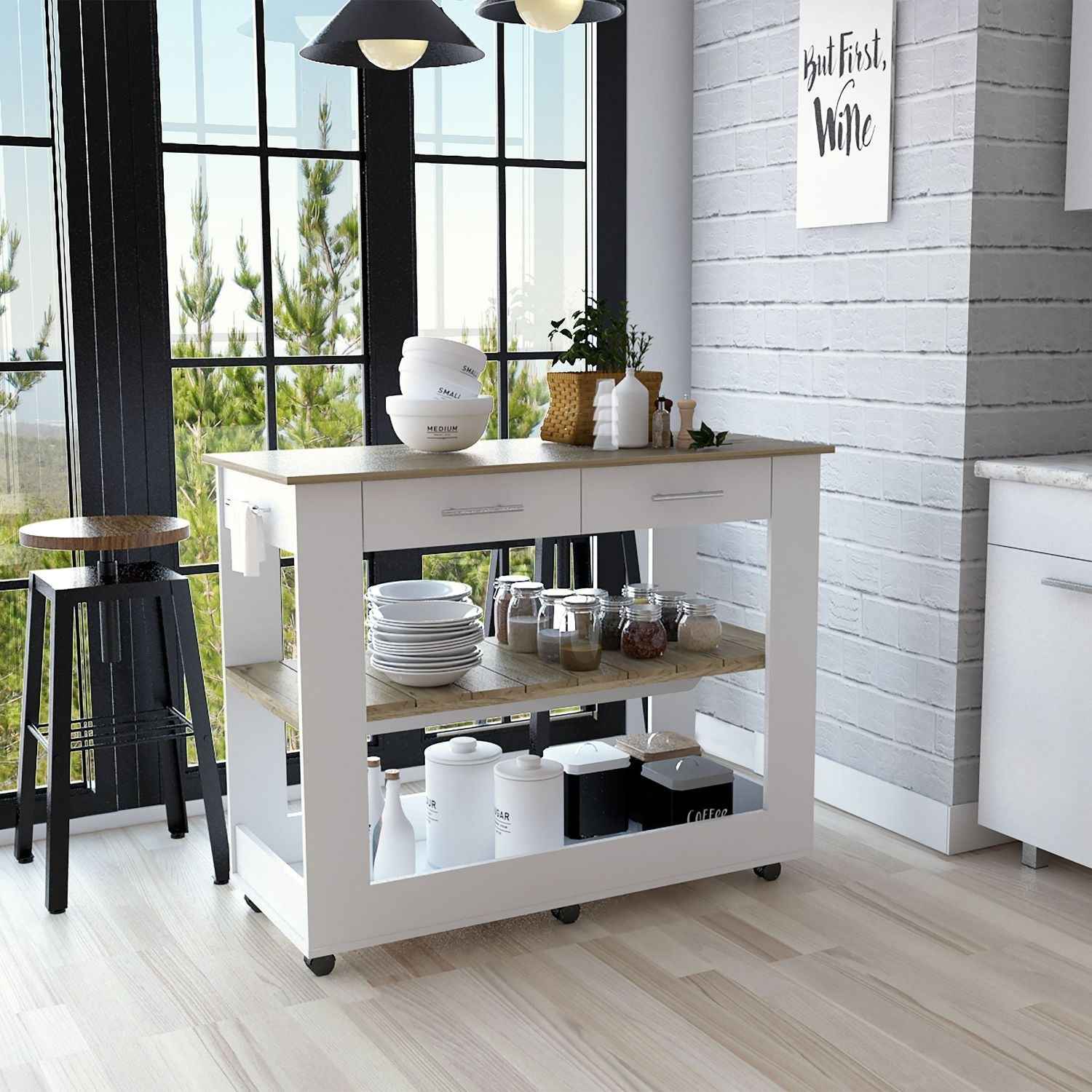 Delos 46 Kitchen Island White, Six Casters, Two Drawers, Lower Open Shelf, White / Light Oak