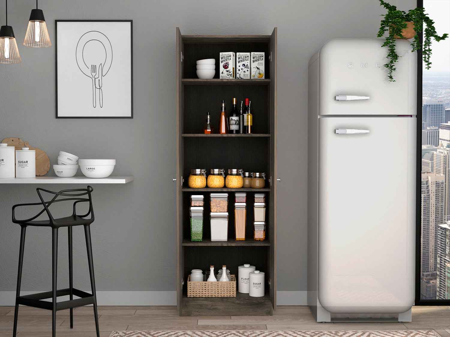 Dakari Multistorage Double Door Cabinet, Five Shelves, Dark Brown / Black