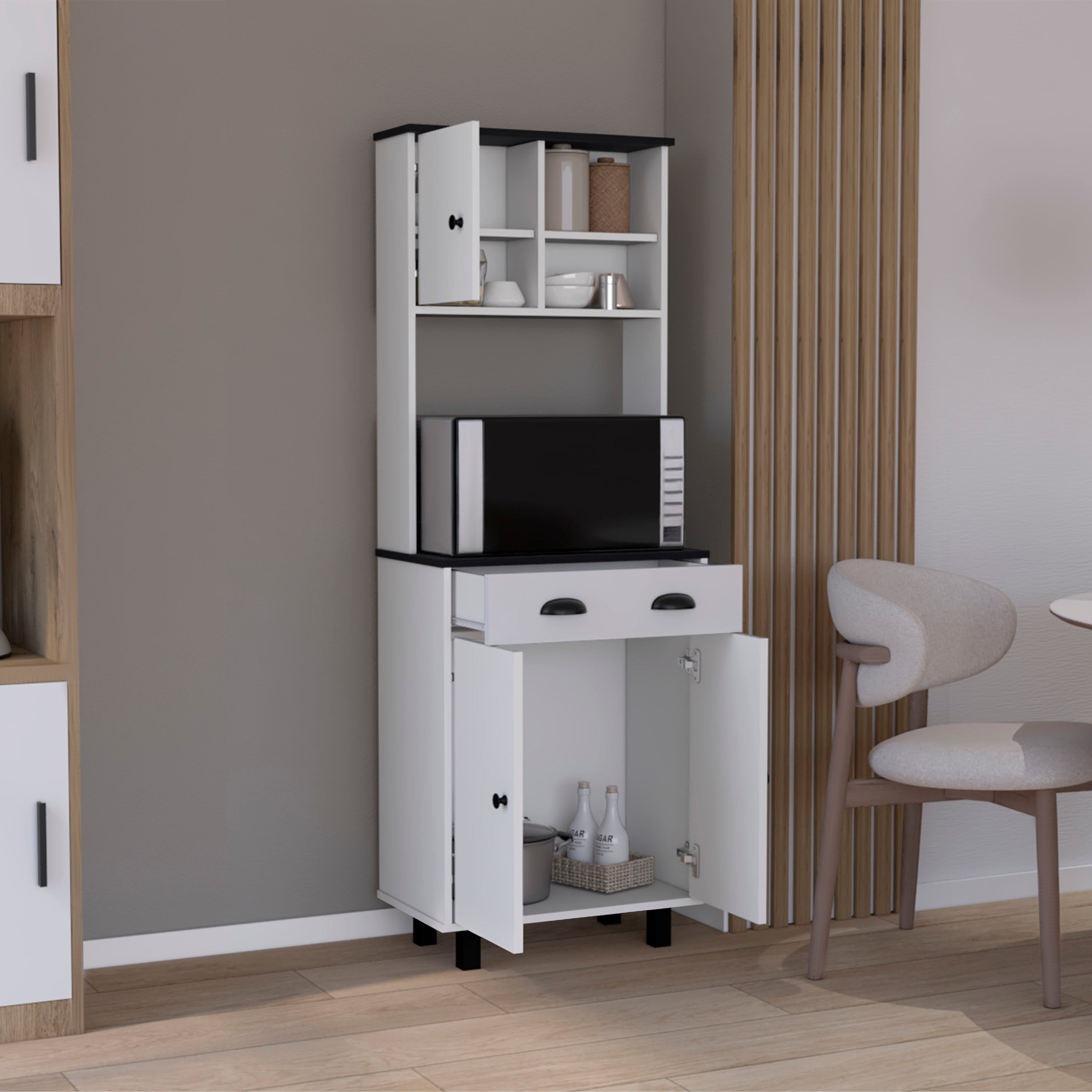 Waco 67" H Kitchen Pantry with Two Cabinets, Two Open Shelves, and One Drawer,White/Black - Luciddepo