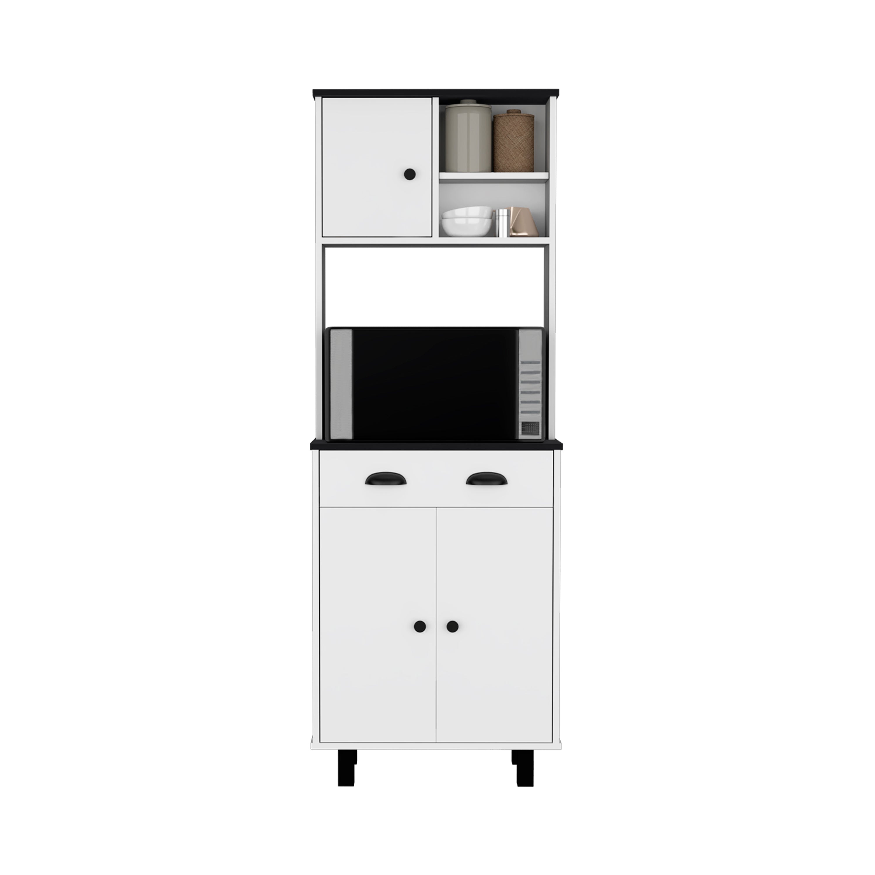 Waco 67" H Kitchen Pantry with Two Cabinets, Two Open Shelves, and One Drawer,White/Black - Luciddepo