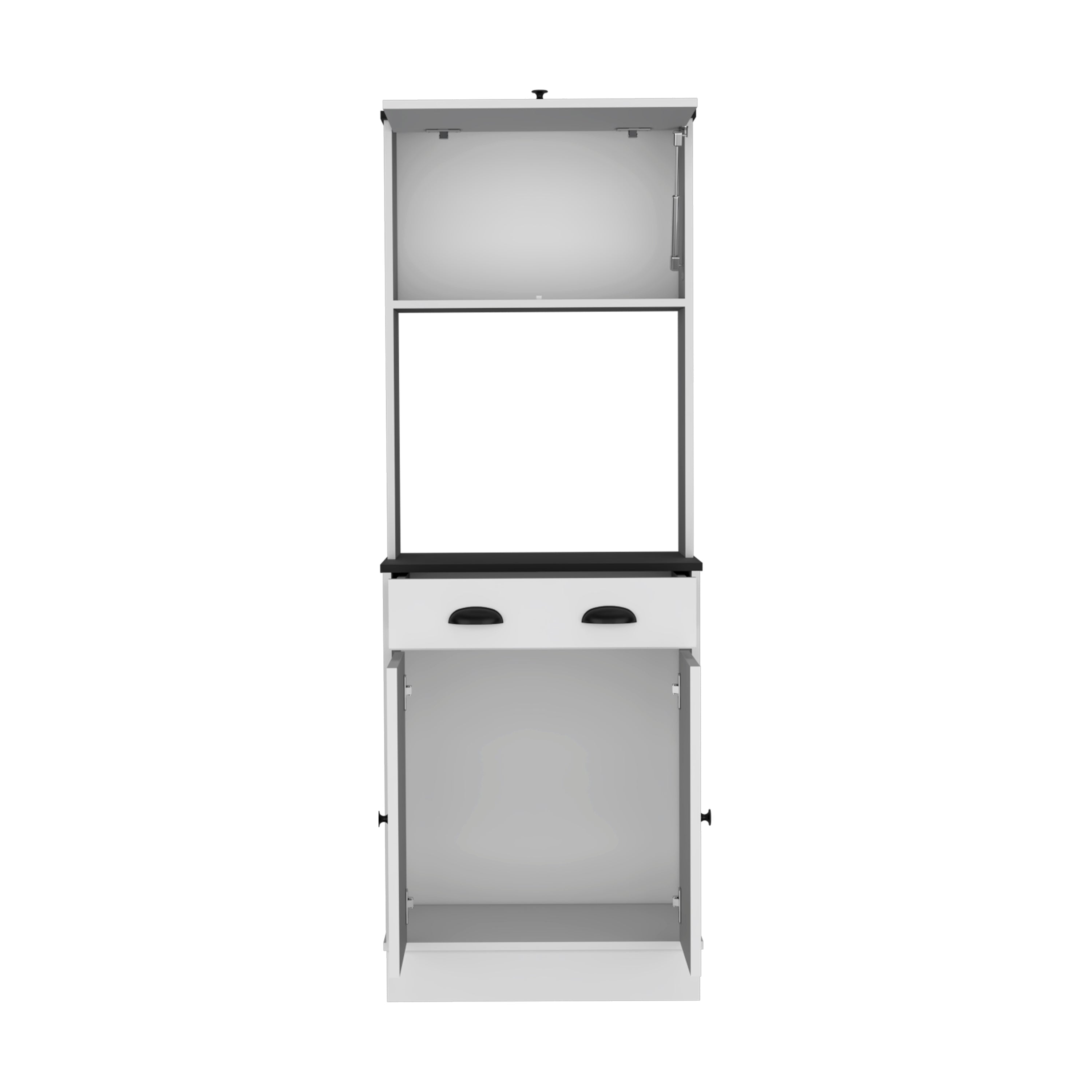 Apex 66.3" H Kitchen Pantry with Drawer, 2 Cabinets, and Microwave Stand, White/Black - Luciddepo